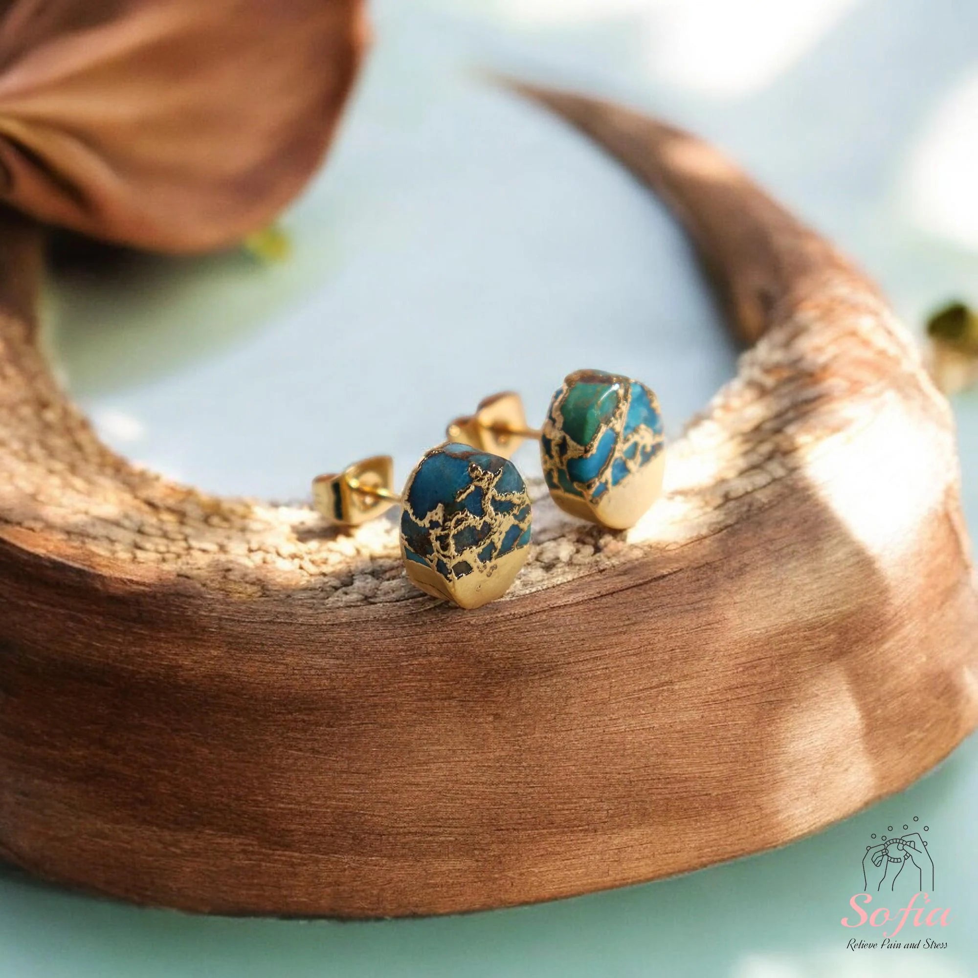 Turquoise Stone Stud Earrings - Natural Turquoise Gemstone Gold Earrings - Birthstone Post Earrings - Raw Turquoise Oval Stud Earrings
