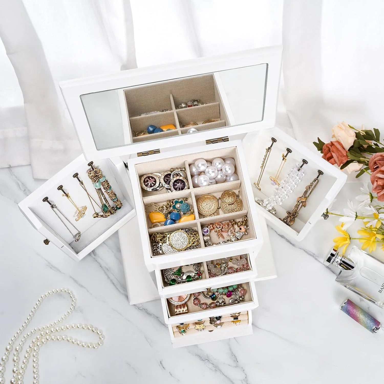 Jewelry Box, 4 Layer Wooden Jewelry Boxes for Women, Jewelry Organizer Box Display for Rings Earrings Necklaces Bracelets,Weathered White