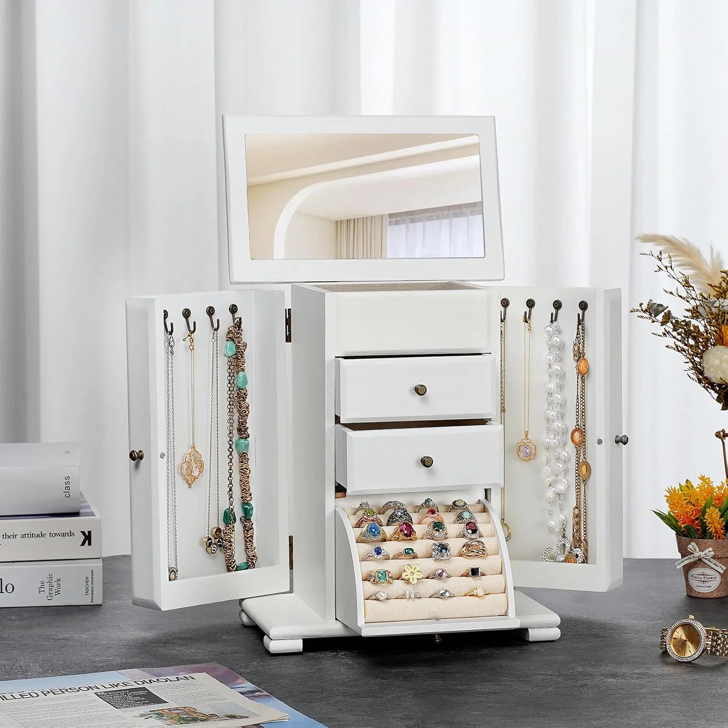 Jewelry Box, 4 Layer Wooden Jewelry Boxes for Women, Jewelry Organizer Box Display for Rings Earrings Necklaces Bracelets,Weathered White
