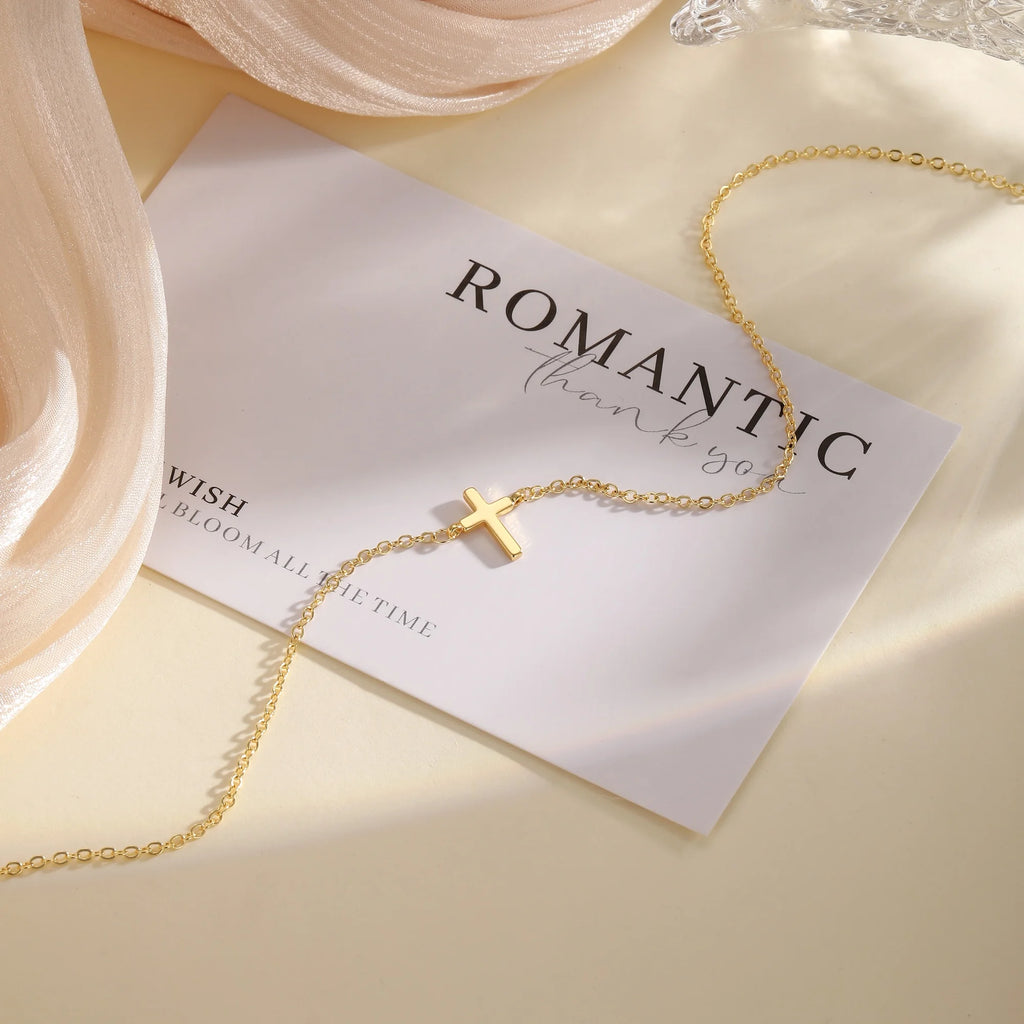 Cross Necklace for Women ,14K Gold Plated Sideways Set Dainty Simple Cross Choker Trendy Cute Pendant Chain Faith Jewelry Gift