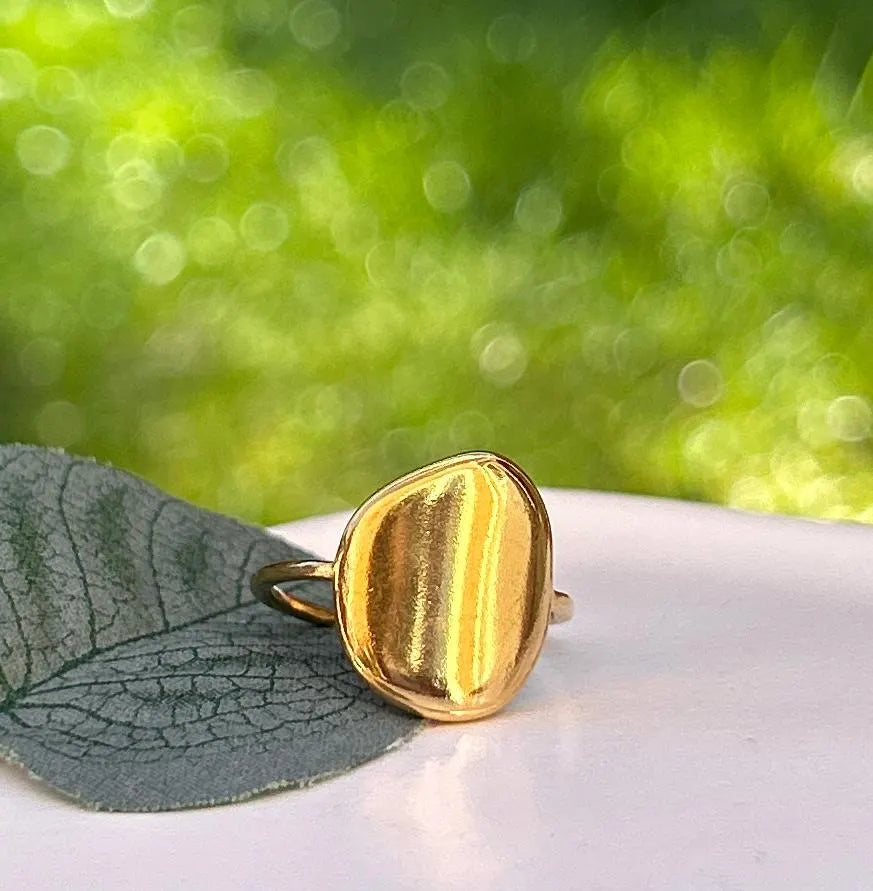 Simple, Chic and Timeless - a Waterproof Gold Ring in an Adjustable Size with a Smooth Gold Disc in an on Trend Irregular Finish