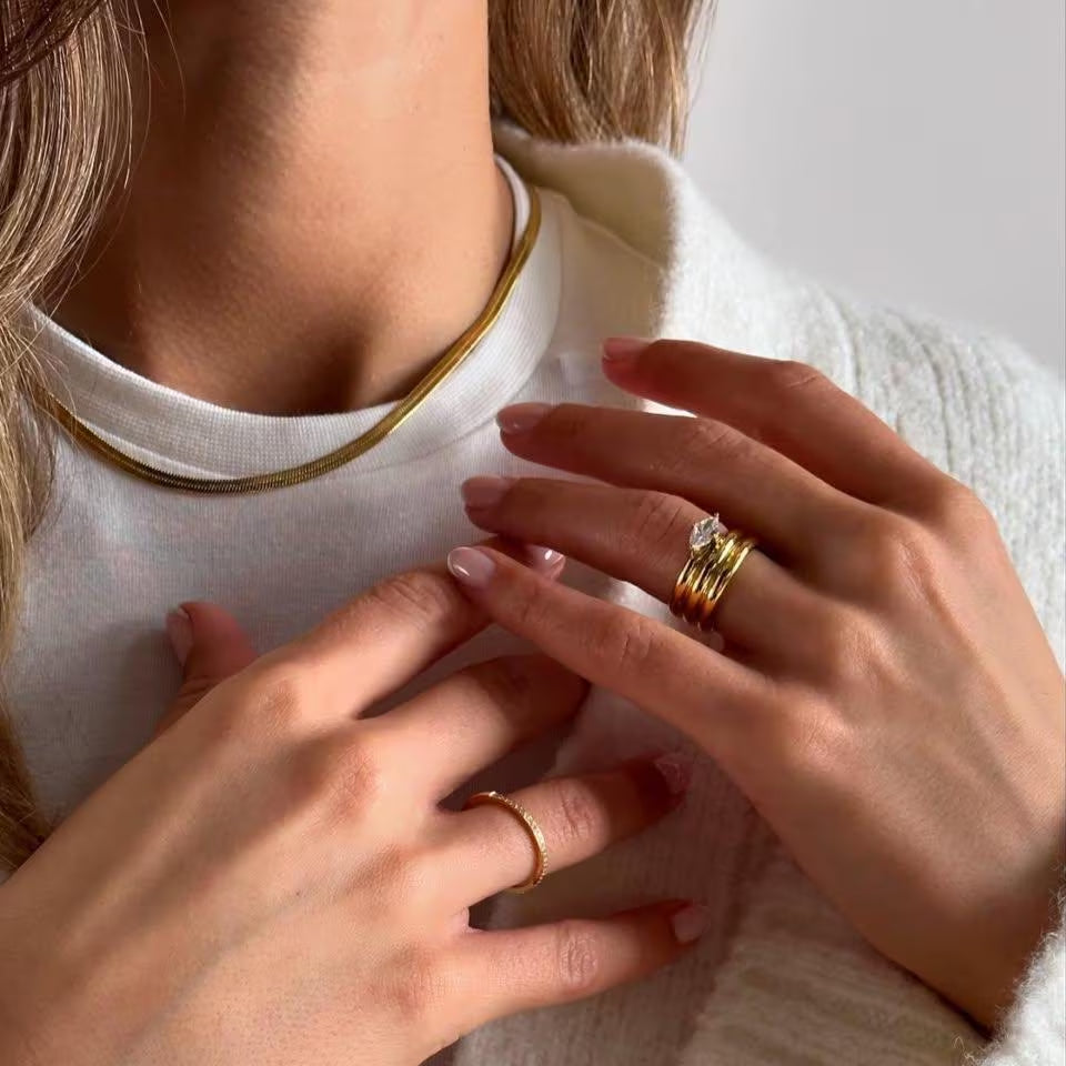 18K Gold Plated Marquise Stone Ring: Waterproof Stacking Jewelry (Sizes 6-8)