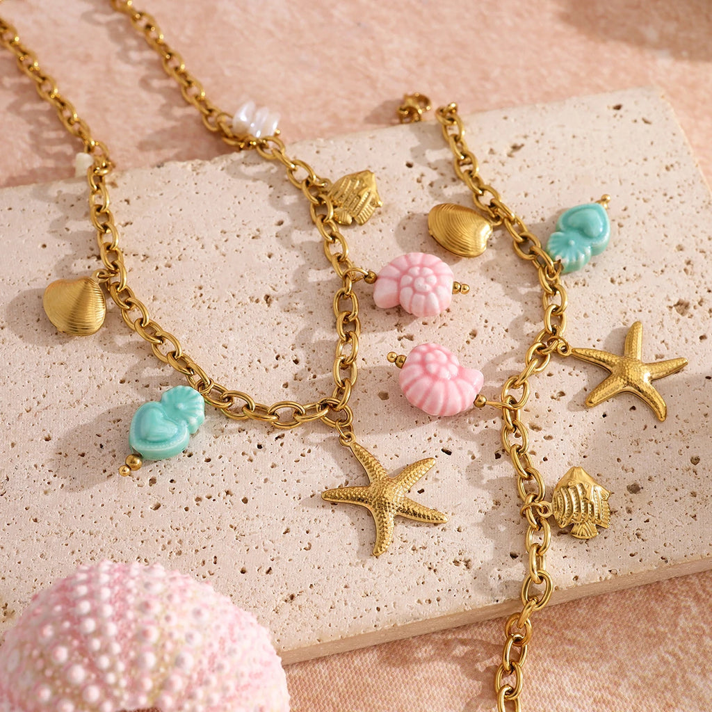 New in Stainless Steel Ocean Necklace Bracelet for Women Vintage 18K Gold Plated Beach Holiday Waterproof Jewelry