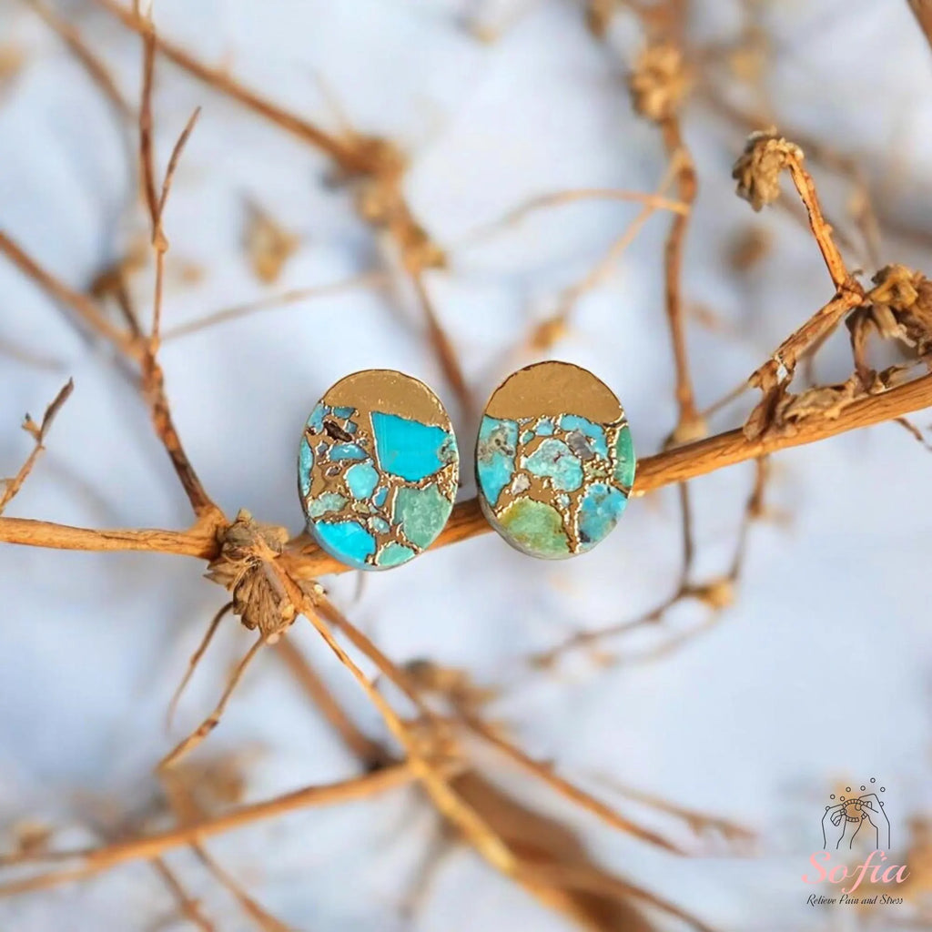 Turquoise Stone Stud Earrings - Natural Turquoise Gemstone Gold Earrings - Birthstone Post Earrings - Raw Turquoise Oval Stud Earrings