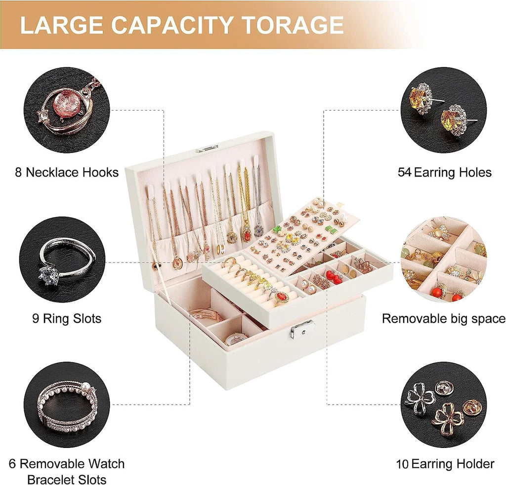 Lockable Birthday Wedding Day Jewelry Boxes, Faux Leather Metal and Velvet, White