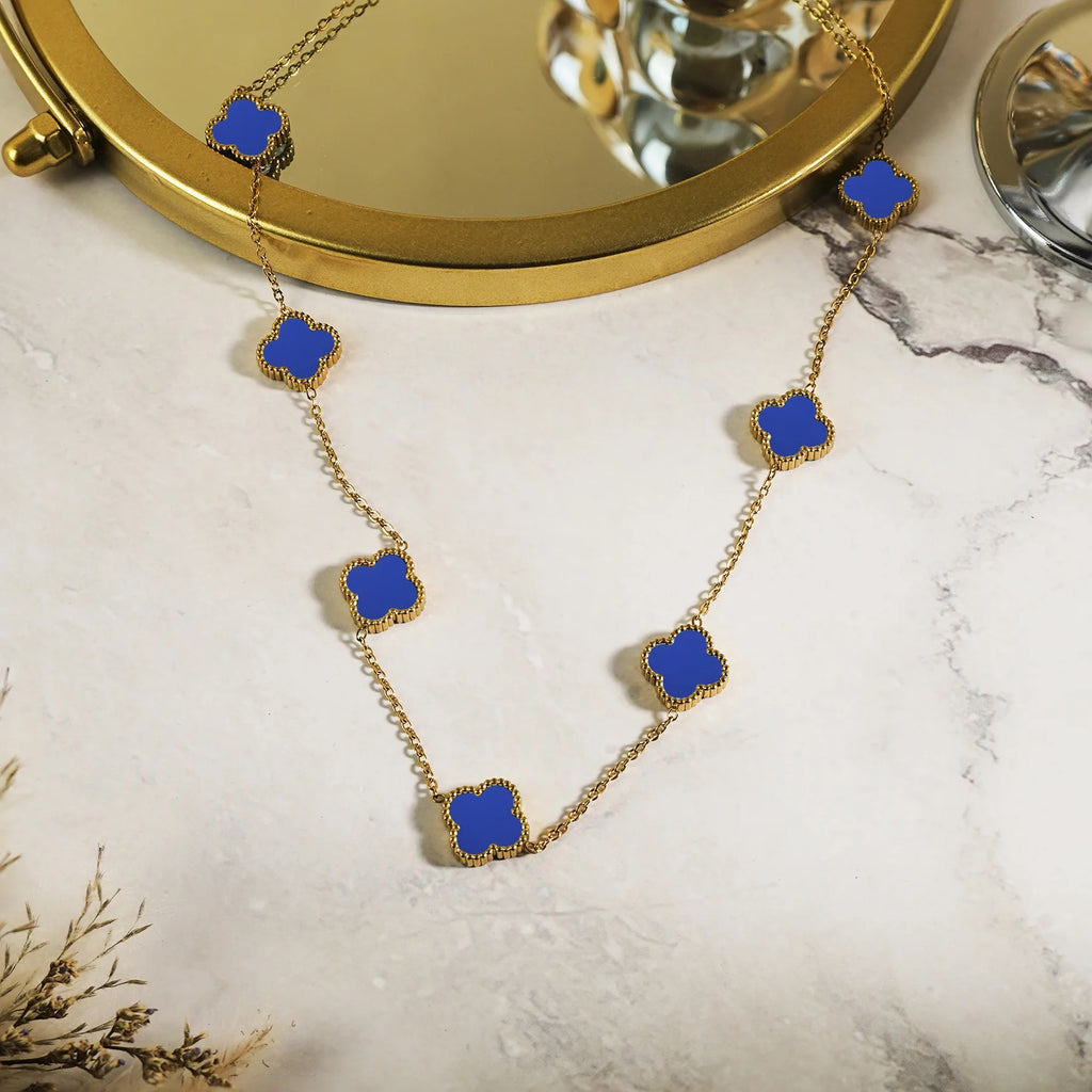 Blue Flower Station Necklace in Yellow Gold Plated