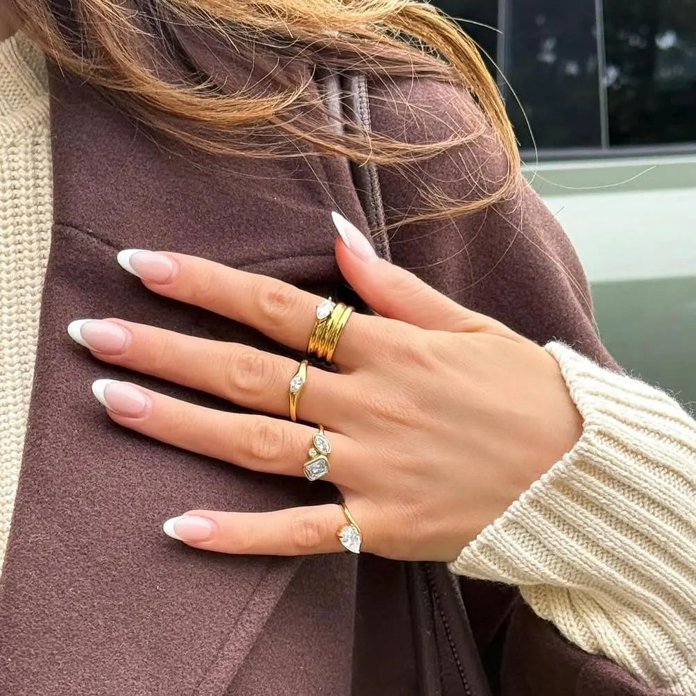 18K Gold Plated Marquise Stone Ring: Waterproof Stacking Jewelry (Sizes 6-8)
