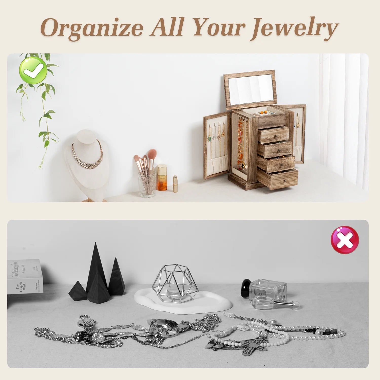 Jewelry Box for Women, 5 Layer Large Wood Boxes & Organizers for Necklaces Earrings Rings Bracelets, Rustic Organizer with Drawers and Mirror