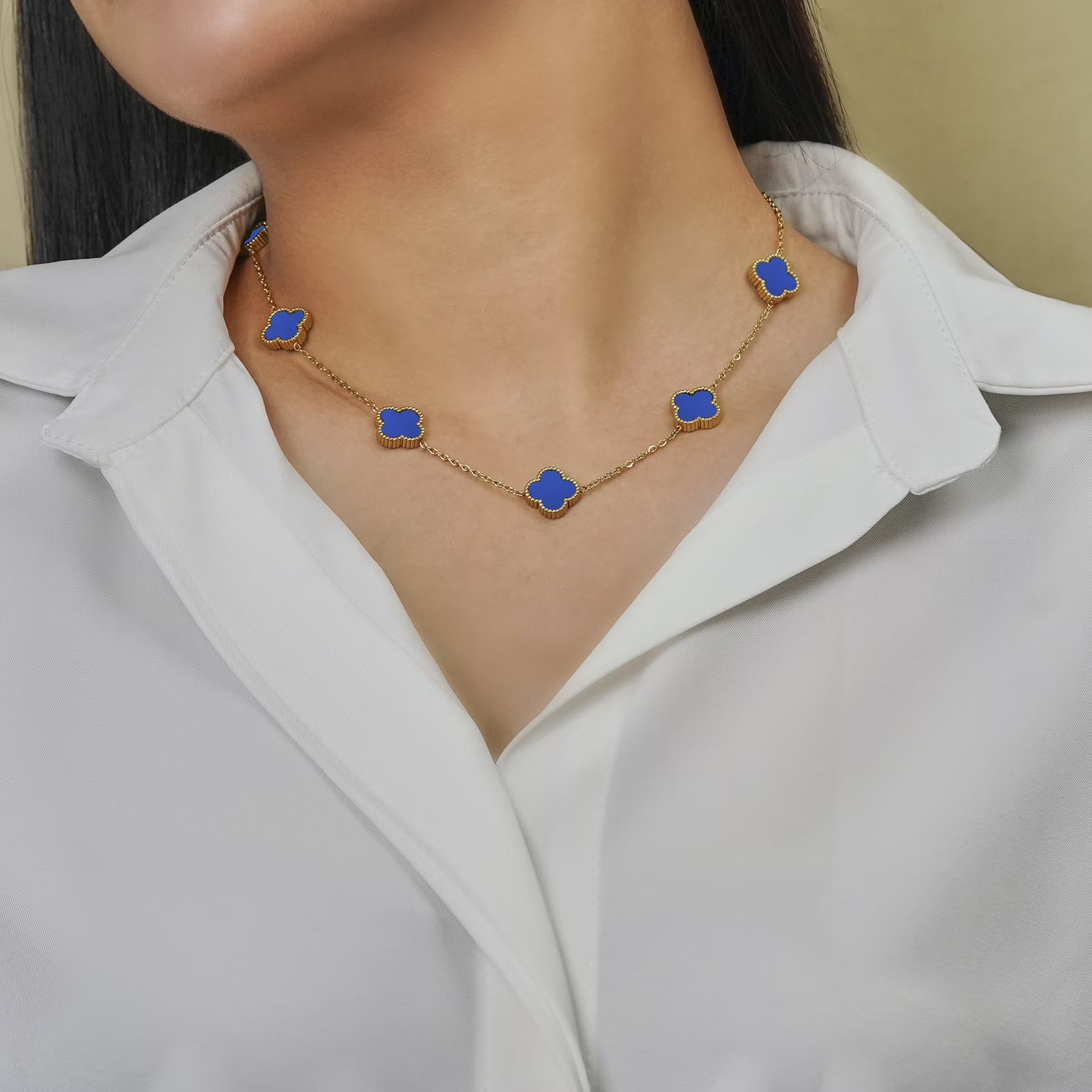 Blue Flower Station Necklace in Yellow Gold Plated