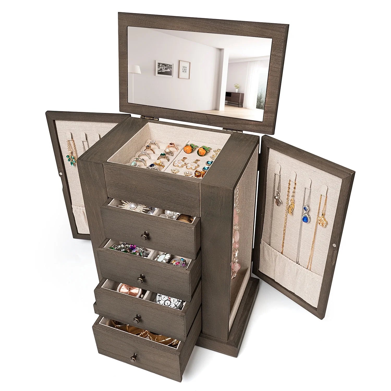 Jewelry Box for Women, 5 Layer Large Wood Boxes & Organizers for Necklaces Earrings Rings Bracelets, Rustic Organizer with Drawers and Mirror