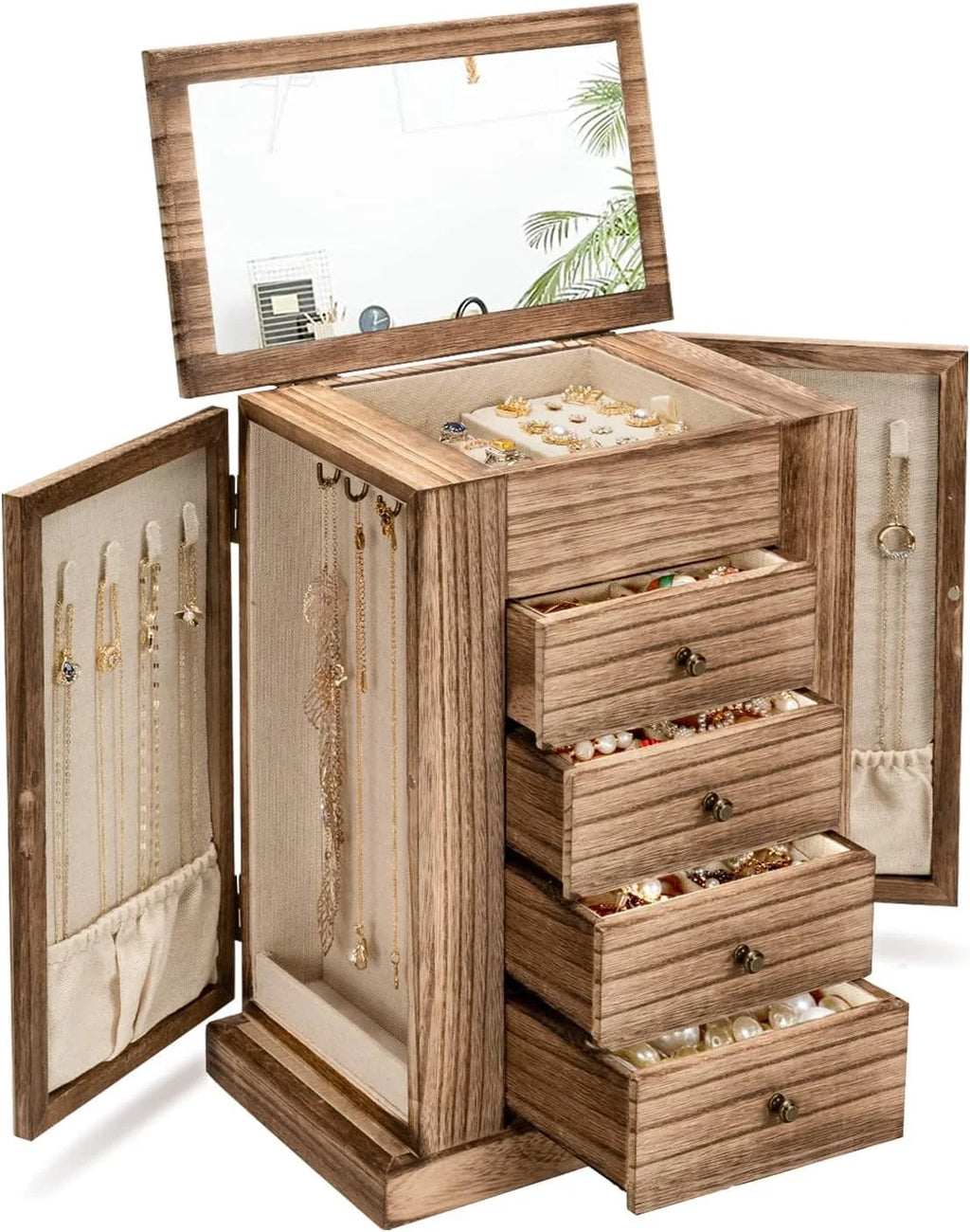 Jewelry Box for Women, 5 Layer Large Wood Boxes & Organizers for Necklaces Earrings Rings Bracelets, Rustic Organizer with Drawers and Mirror