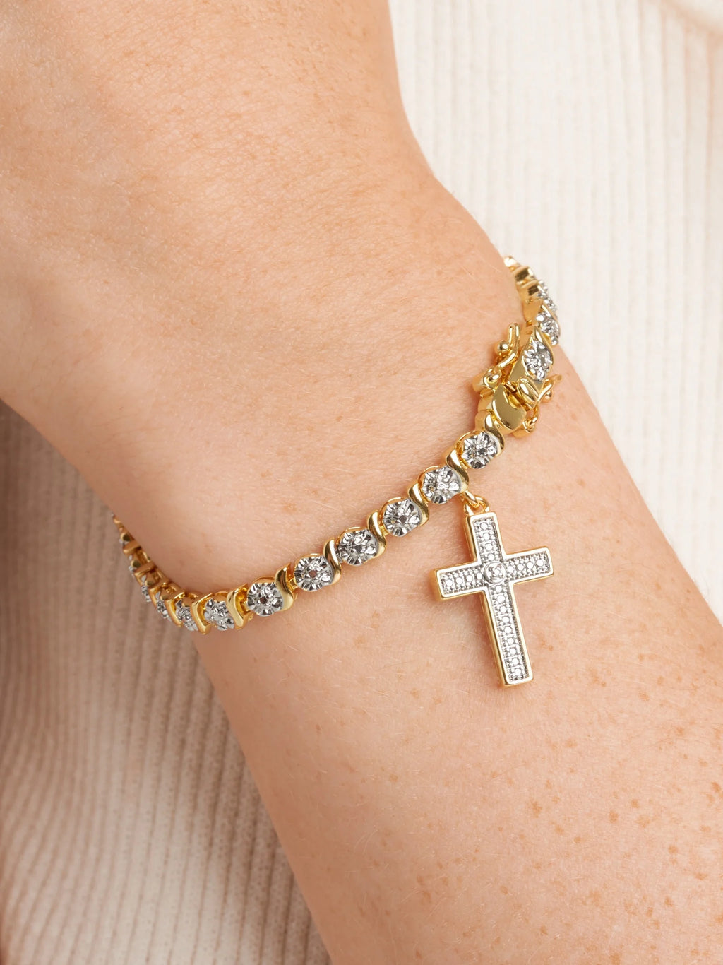 18K Yellow Gold Plated Diamond Accent Cross Charm Tennis Bracelet, 7.25"