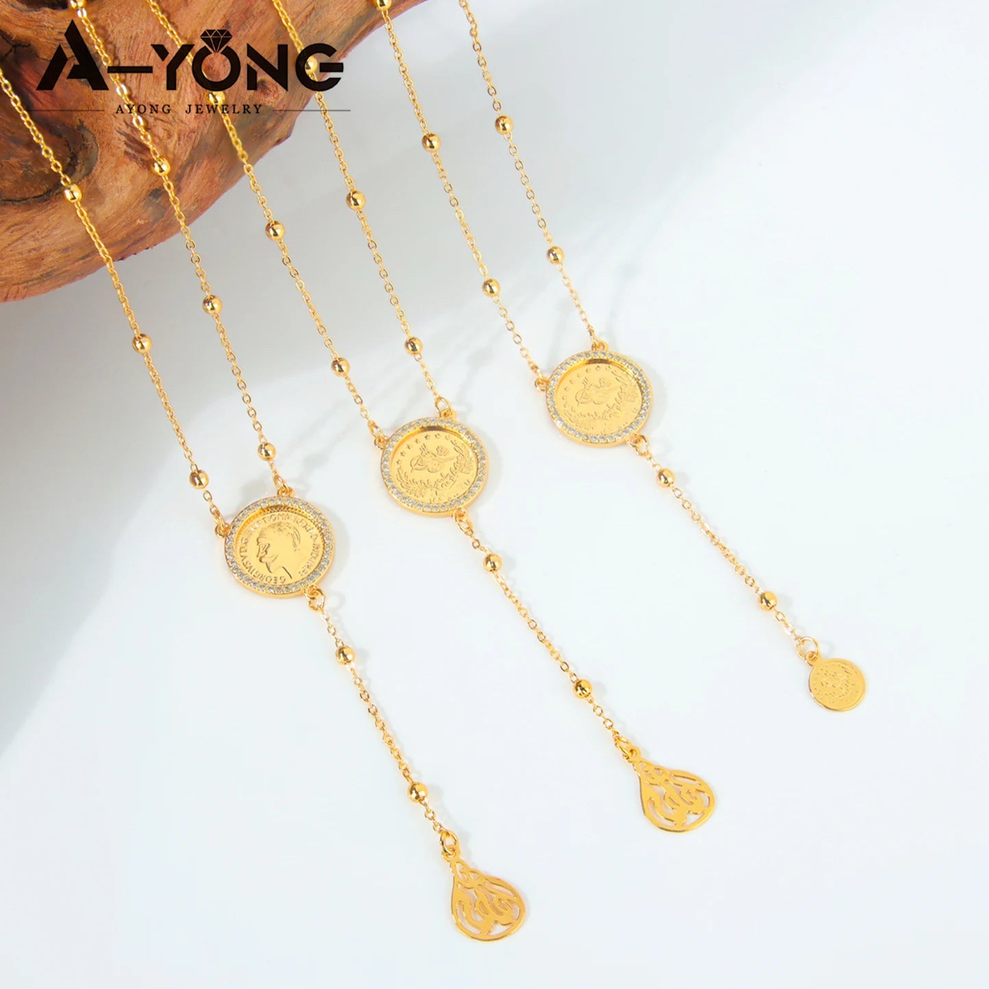 Saudi Islamic Gold Color Long Necklace 21K Gold Plated Tukrish Zirconia Coins Pendant Chains Dubai Women Fashion Party Jewelry