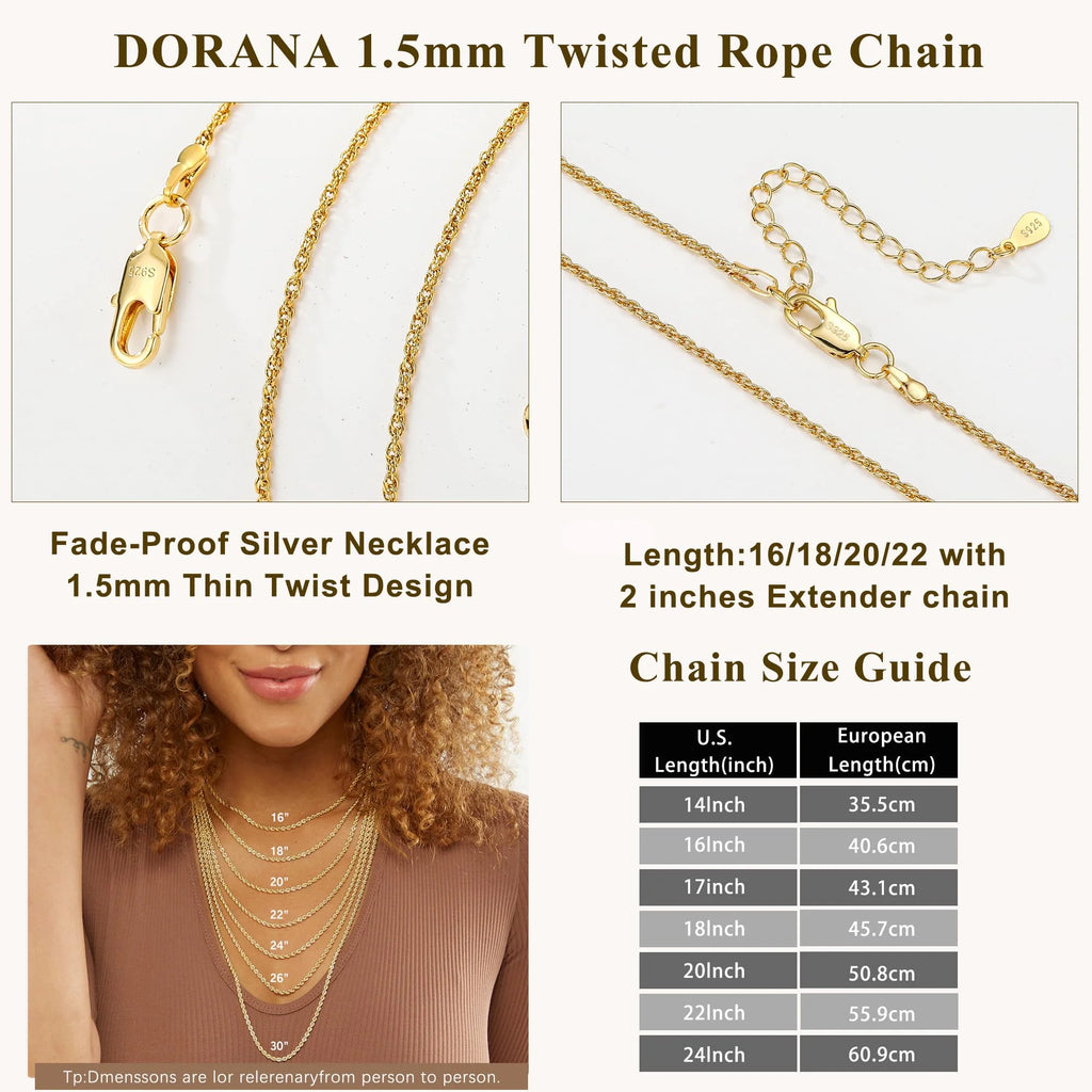 DORANA 18K Gold Plated Chains for Women 1.5Mm/2Mm Non Tarnish Twist Rope Necklace Birthday Mothers Day Graduation Jewelry Gifts Teen Mom Her Adult Lady Girlfriend Wife Age Ideas 16/18/20/22/24 Inch