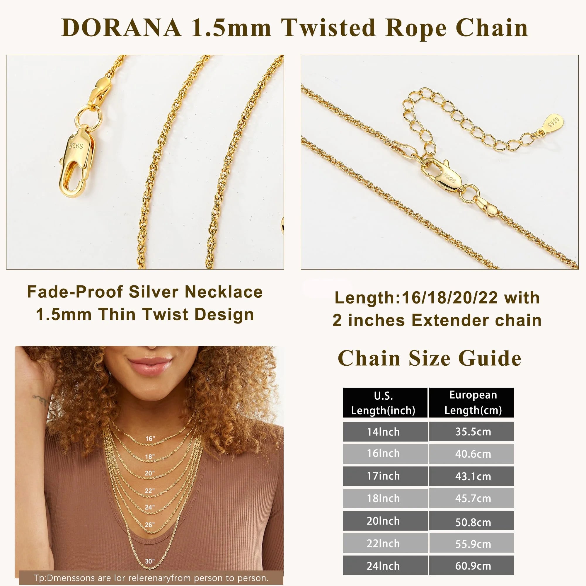 DORANA 18K Gold Plated Chains for Women 1.5Mm/2Mm Non Tarnish Twist Rope Necklace Birthday Mothers Day Graduation Jewelry Gifts Teen Mom Her Adult Lady Girlfriend Wife Age Ideas 16/18/20/22/24 Inch