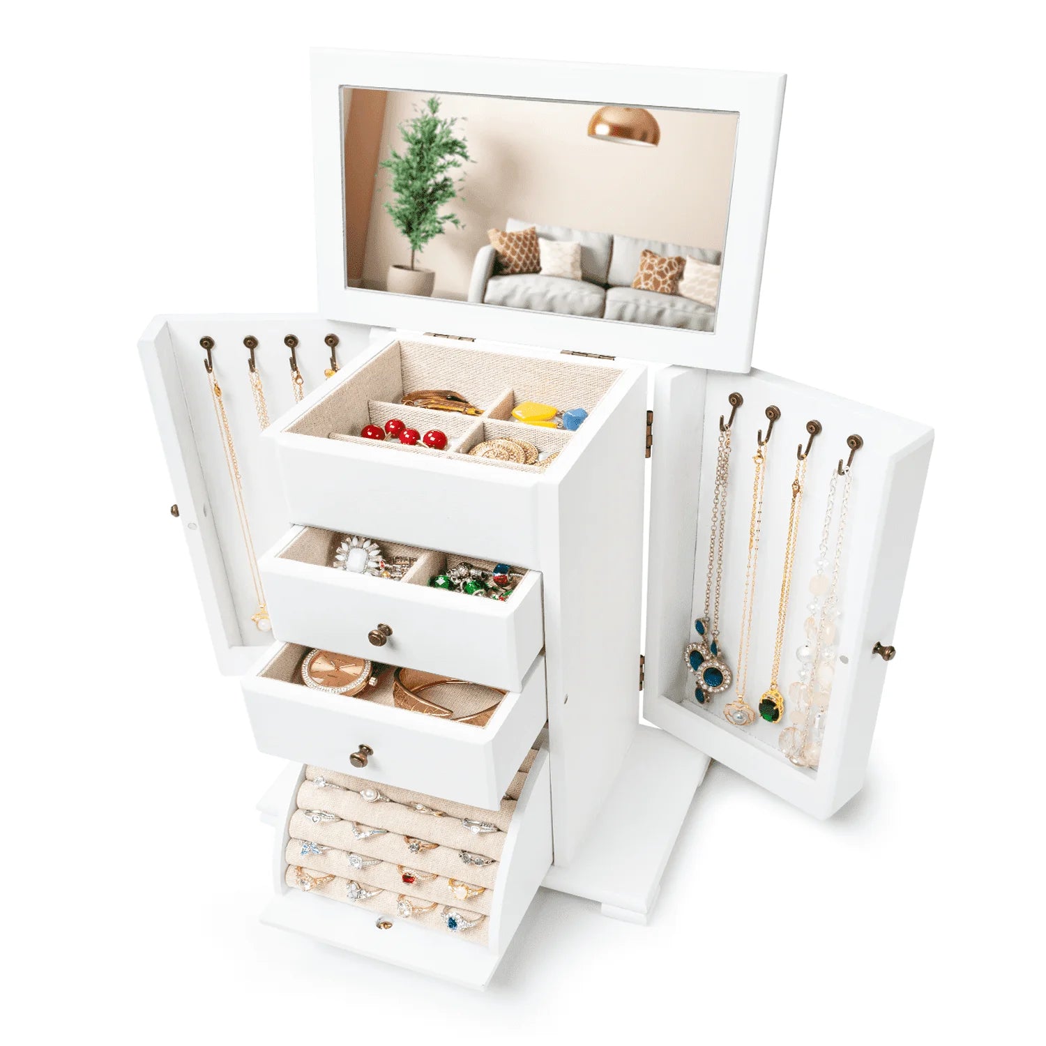 Jewelry Box, 4 Layer Wooden Jewelry Boxes for Women, Jewelry Organizer Box Display for Rings Earrings Necklaces Bracelets,Weathered White