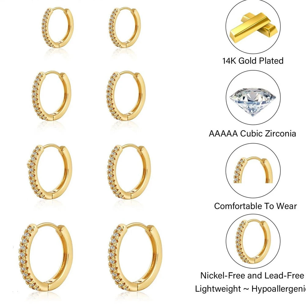 4 Pcs Small Gold Hoop Earrings Set Women 14K Gold Plated Tiny Dainty Lightweight CZ Huggie Earrings Cartilage Earring Jewelry