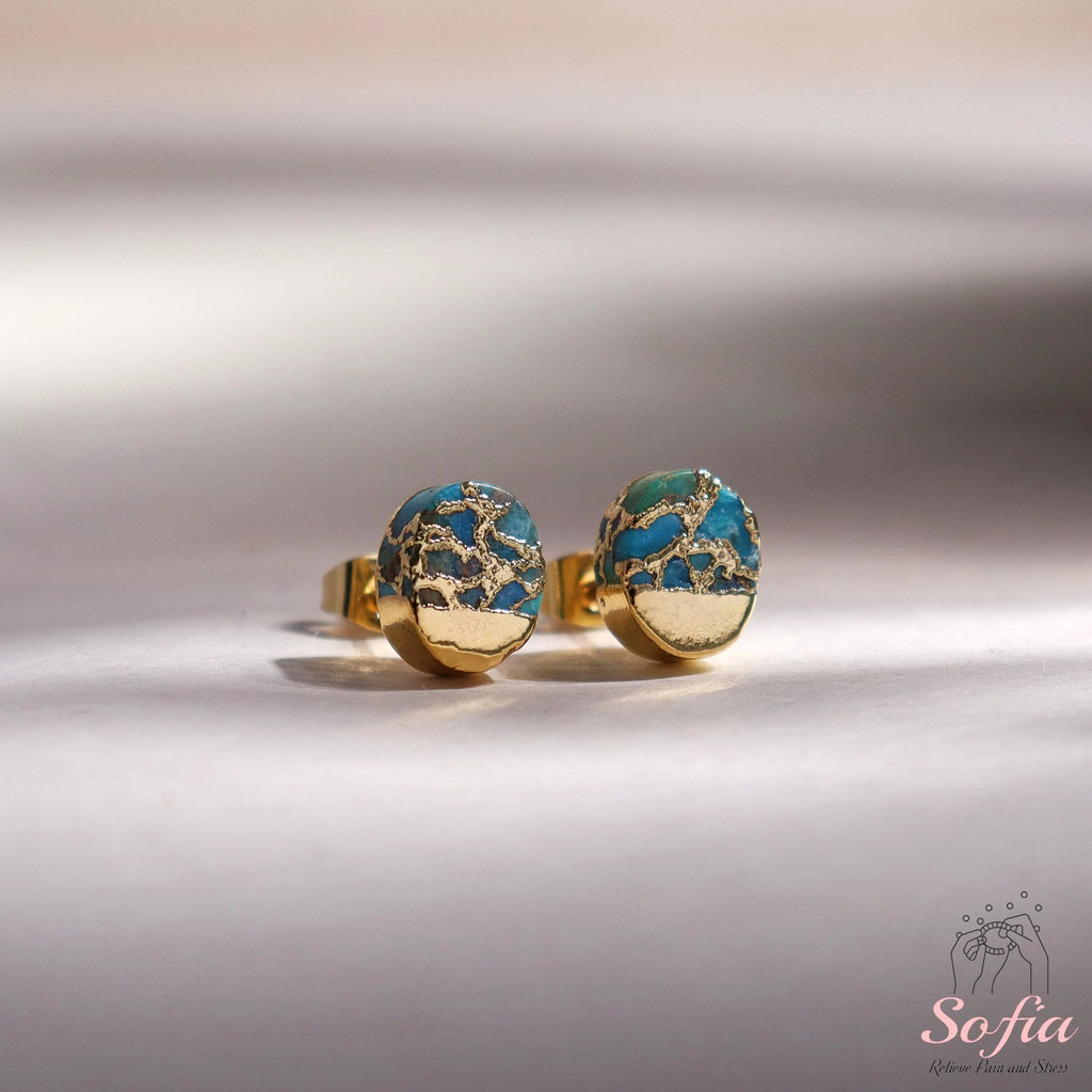 Turquoise Stone Stud Earrings - Natural Turquoise Gemstone Gold Earrings - Birthstone Post Earrings - Raw Turquoise Oval Stud Earrings