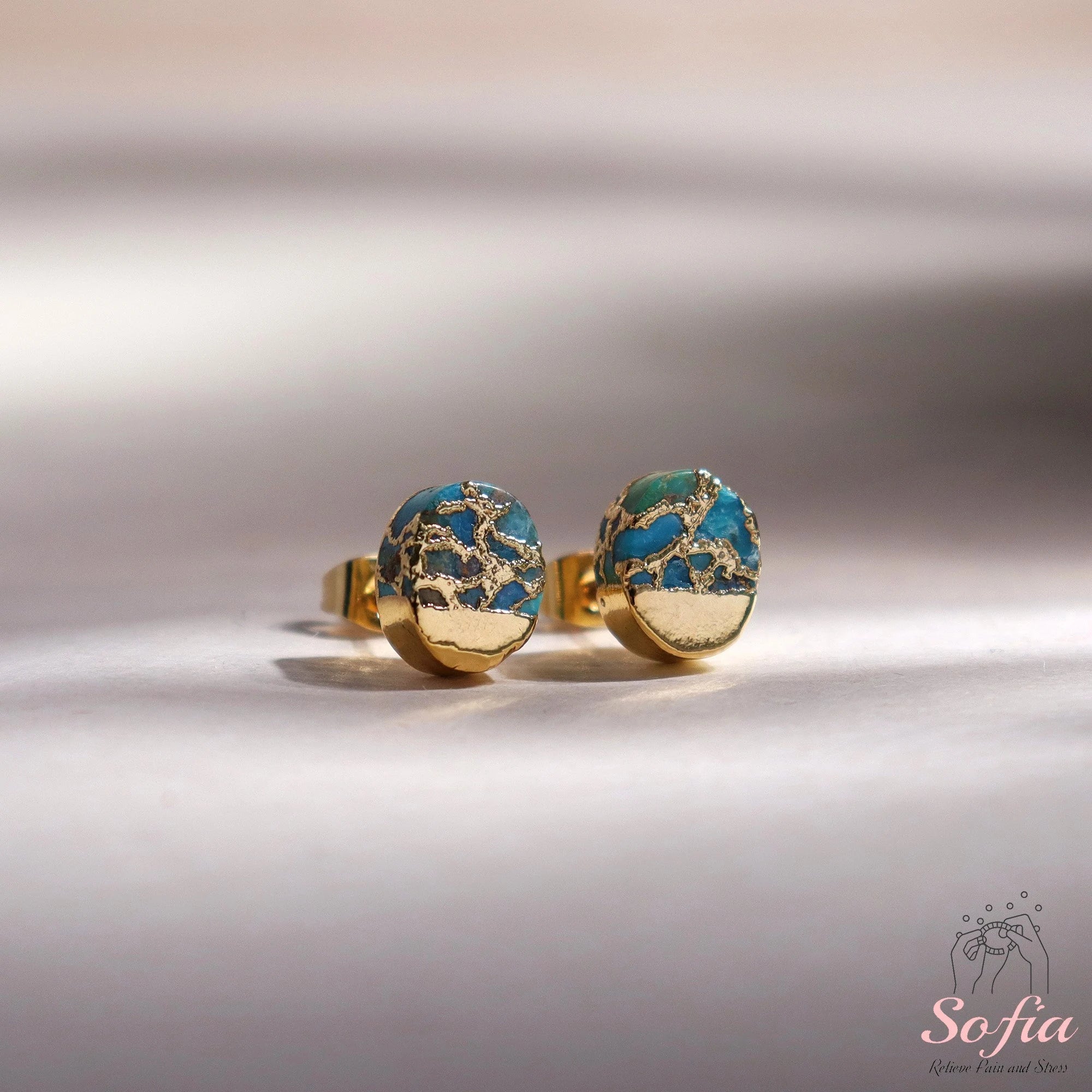 Turquoise Stone Stud Earrings - Natural Turquoise Gemstone Gold Earrings - Birthstone Post Earrings - Raw Turquoise Oval Stud Earrings