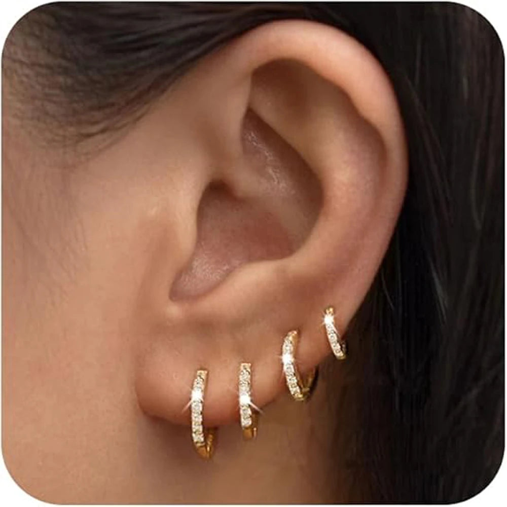 4 Pcs Small Gold Hoop Earrings Set Women 14K Gold Plated Tiny Dainty Lightweight CZ Huggie Earrings Cartilage Earring Jewelry