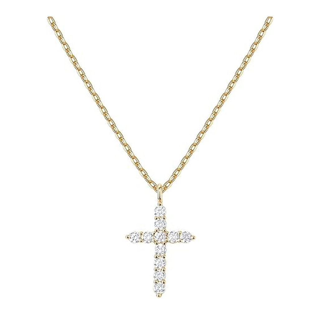 18K Yellow Gold Created White Sapphire Petite Cross Necklace Plated