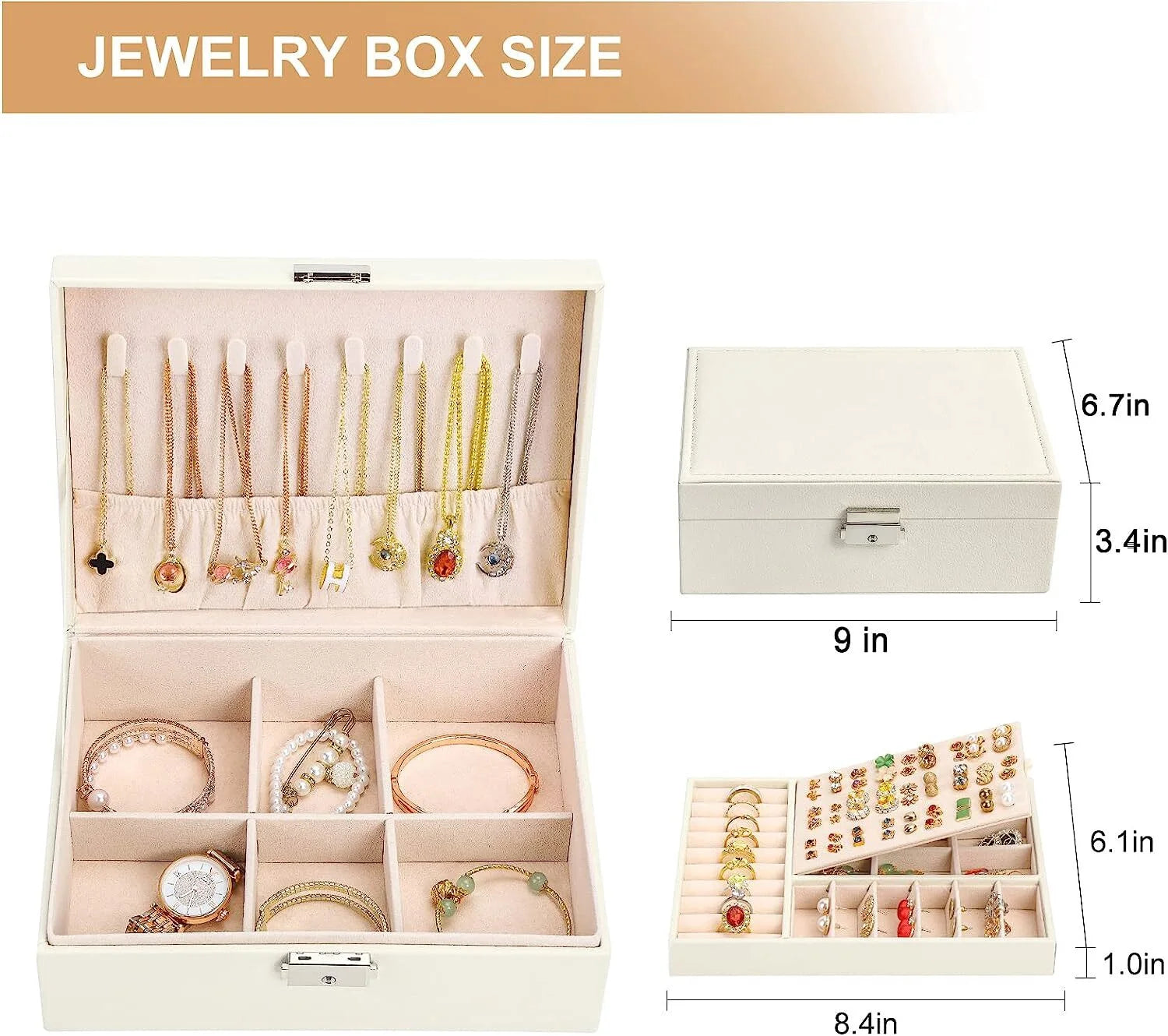 Lockable Birthday Wedding Day Jewelry Boxes, Faux Leather Metal and Velvet, White