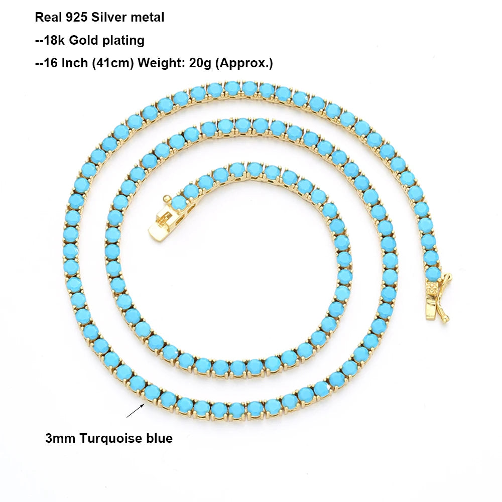 Turquoise Blue 3Mm Stone Real 925 Sterling Silver Tennis Chain Necklace Choker 18K Gold/Rhodium Plated 16-24 Inch Fine Jewelry