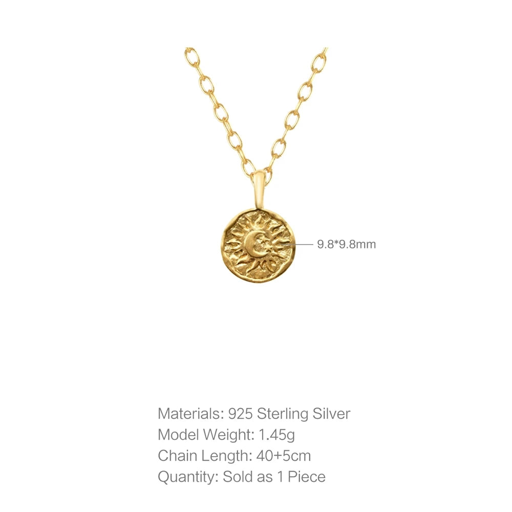 Real 925 Sterling Silver Moon Necklaces for Women Vintage Crescent Sun round Pendant Chokers Chains Necklaces Fine Jewelry