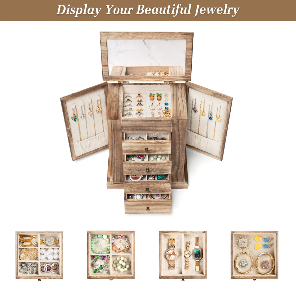 Jewelry Box for Women, 5 Layer Large Wood Boxes & Organizers for Necklaces Earrings Rings Bracelets, Rustic Organizer with Drawers and Mirror