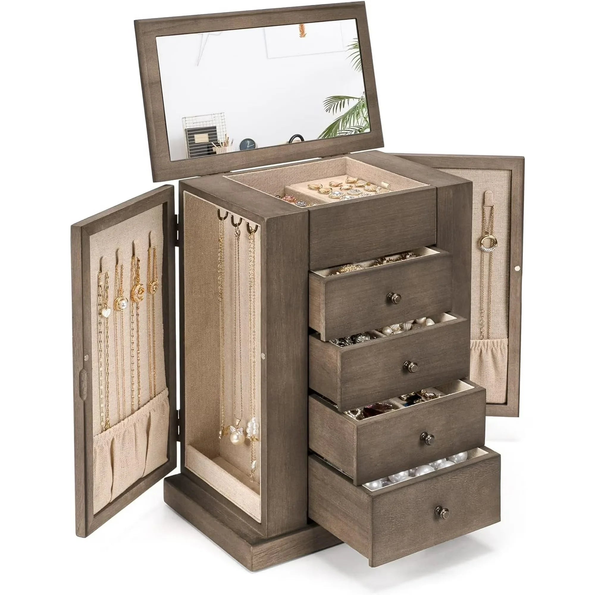 Jewelry Box for Women, 5 Layer Large Wood Boxes & Organizers for Necklaces Earrings Rings Bracelets, Rustic Organizer with Drawers and Mirror