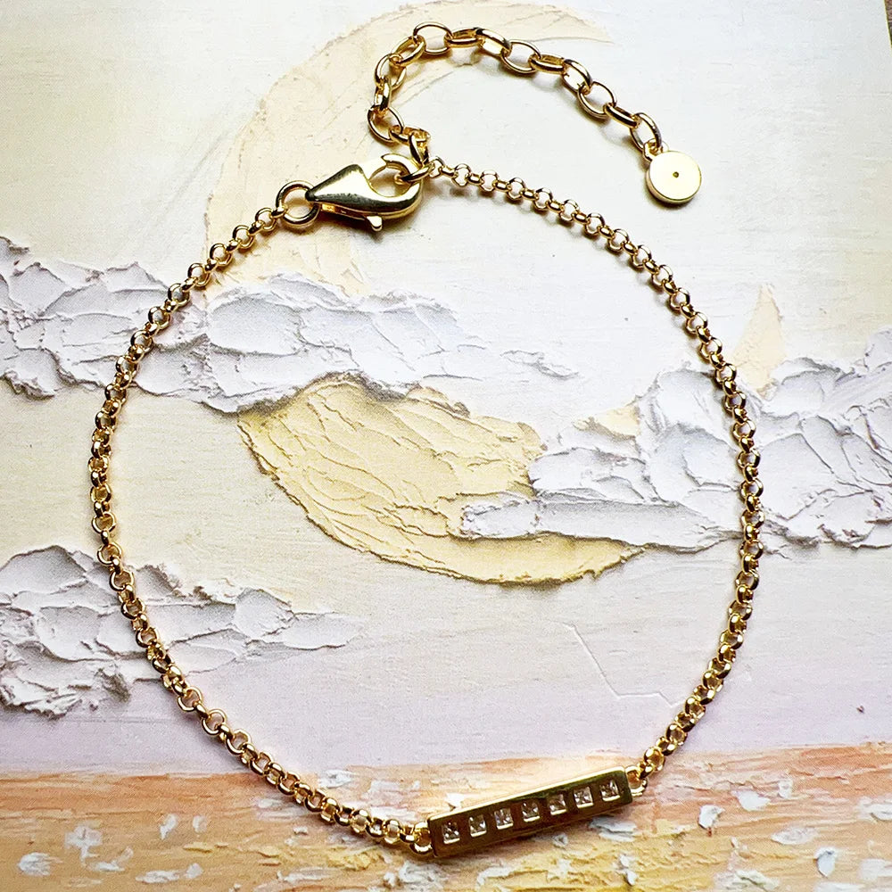 Gold Bracelet White Stones Rectangle Brand New Solid 925 Sterling Silver Trendy Jewelry Europe Women Gift