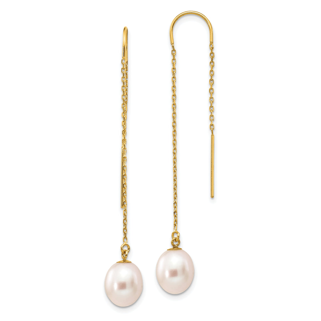 14K 7-8Mm White Rice Freshwater Cultured Pearl Dangle Threader Earrings XF593EW