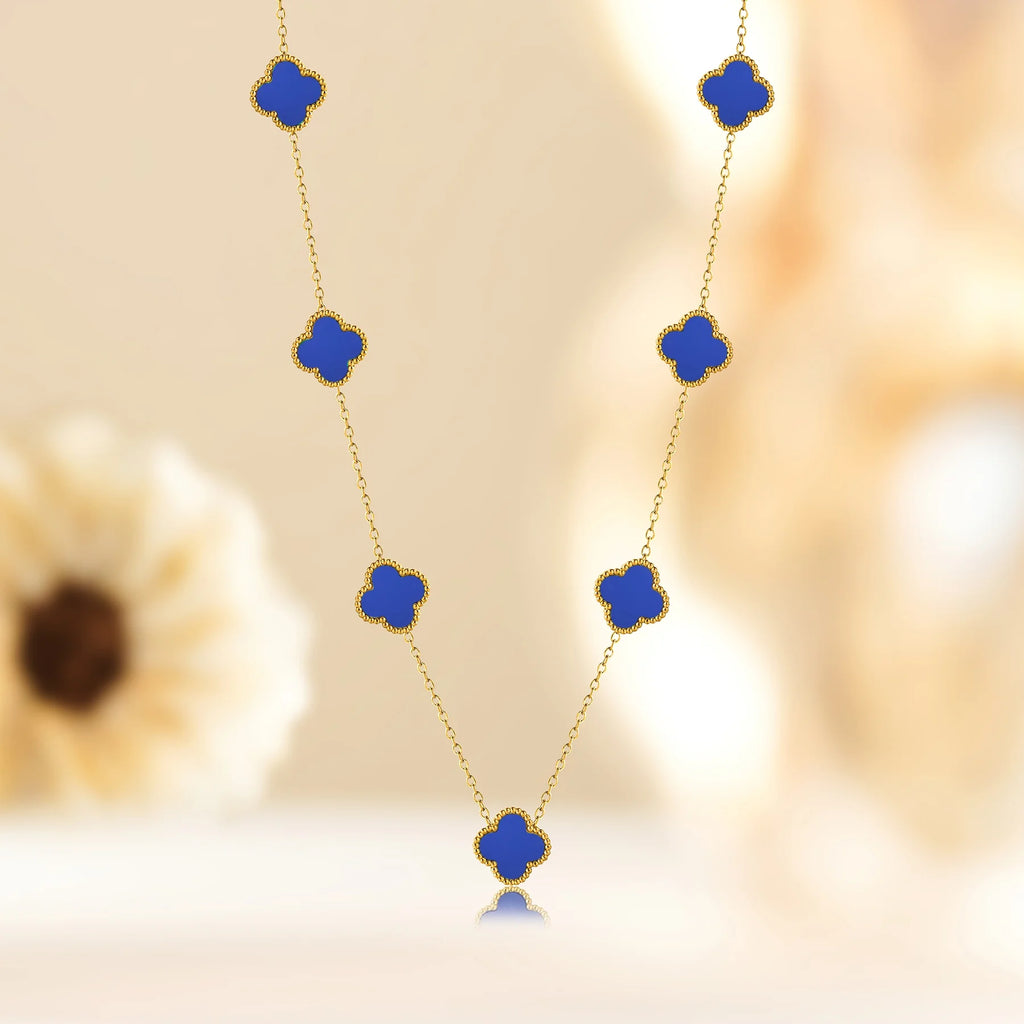 Blue Flower Station Necklace in Yellow Gold Plated