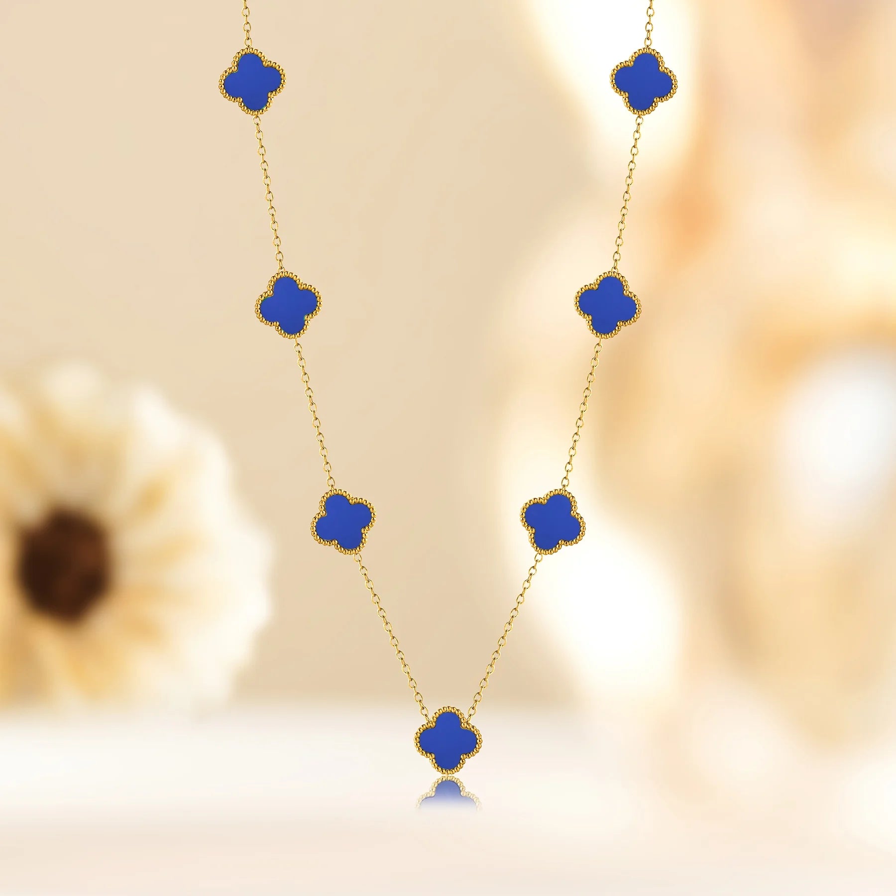 Blue Flower Station Necklace in Yellow Gold Plated