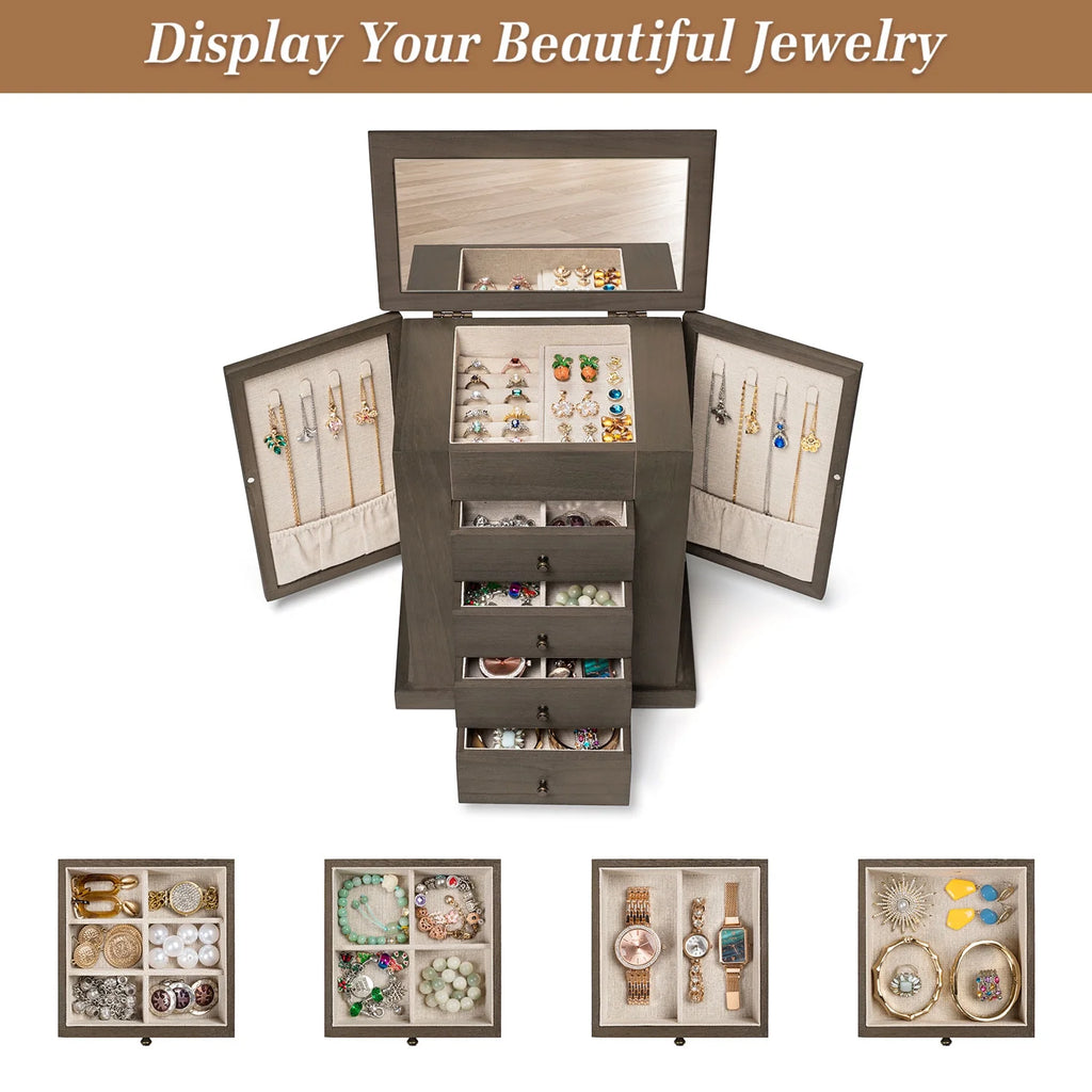 Jewelry Box for Women, 5 Layer Large Wood Boxes & Organizers for Necklaces Earrings Rings Bracelets, Rustic Organizer with Drawers and Mirror