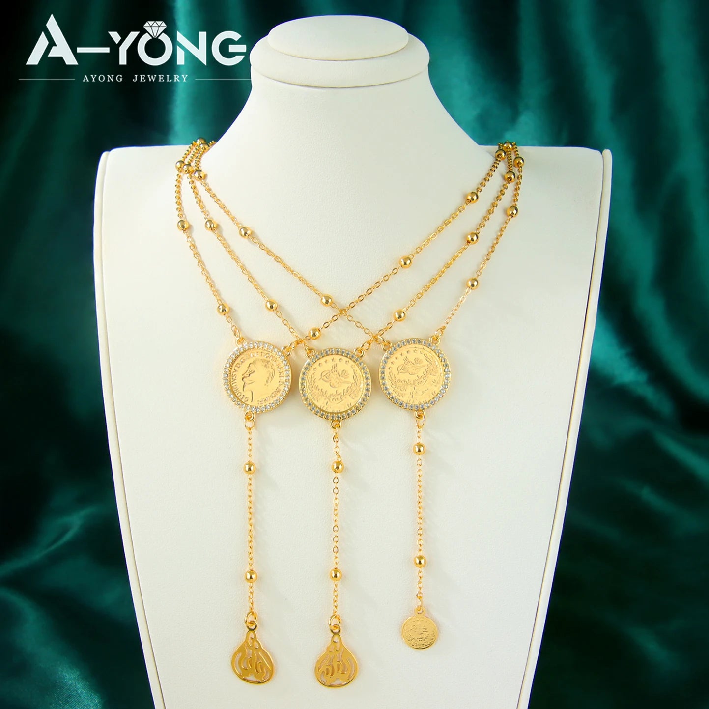 Saudi Islamic Gold Color Long Necklace 21K Gold Plated Tukrish Zirconia Coins Pendant Chains Dubai Women Fashion Party Jewelry