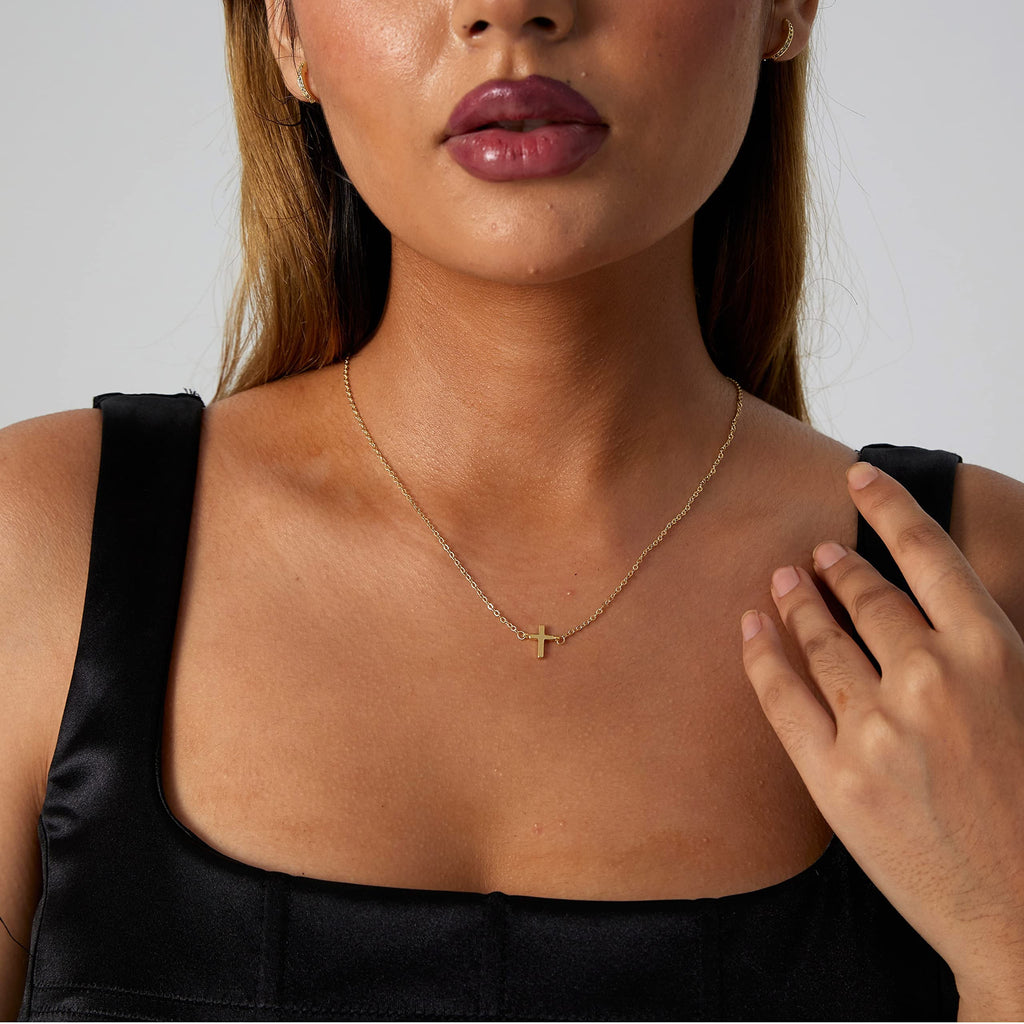 Cross Necklace for Women ,14K Gold Plated Sideways Set Dainty Simple Cross Choker Trendy Cute Pendant Chain Faith Jewelry Gift