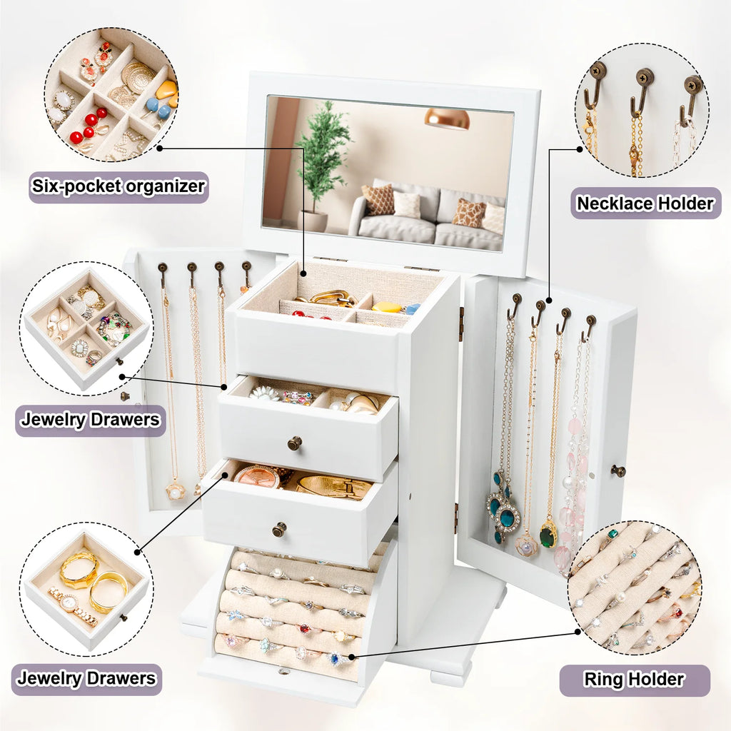 Jewelry Box, 4 Layer Wooden Jewelry Boxes for Women, Jewelry Organizer Box Display for Rings Earrings Necklaces Bracelets,Weathered White