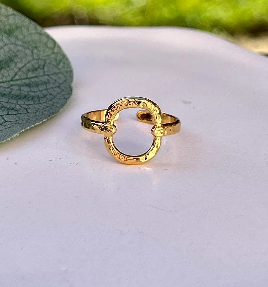 Waterproof Gold Ring, Hammered Gold Open Circle Ring, Adjustable