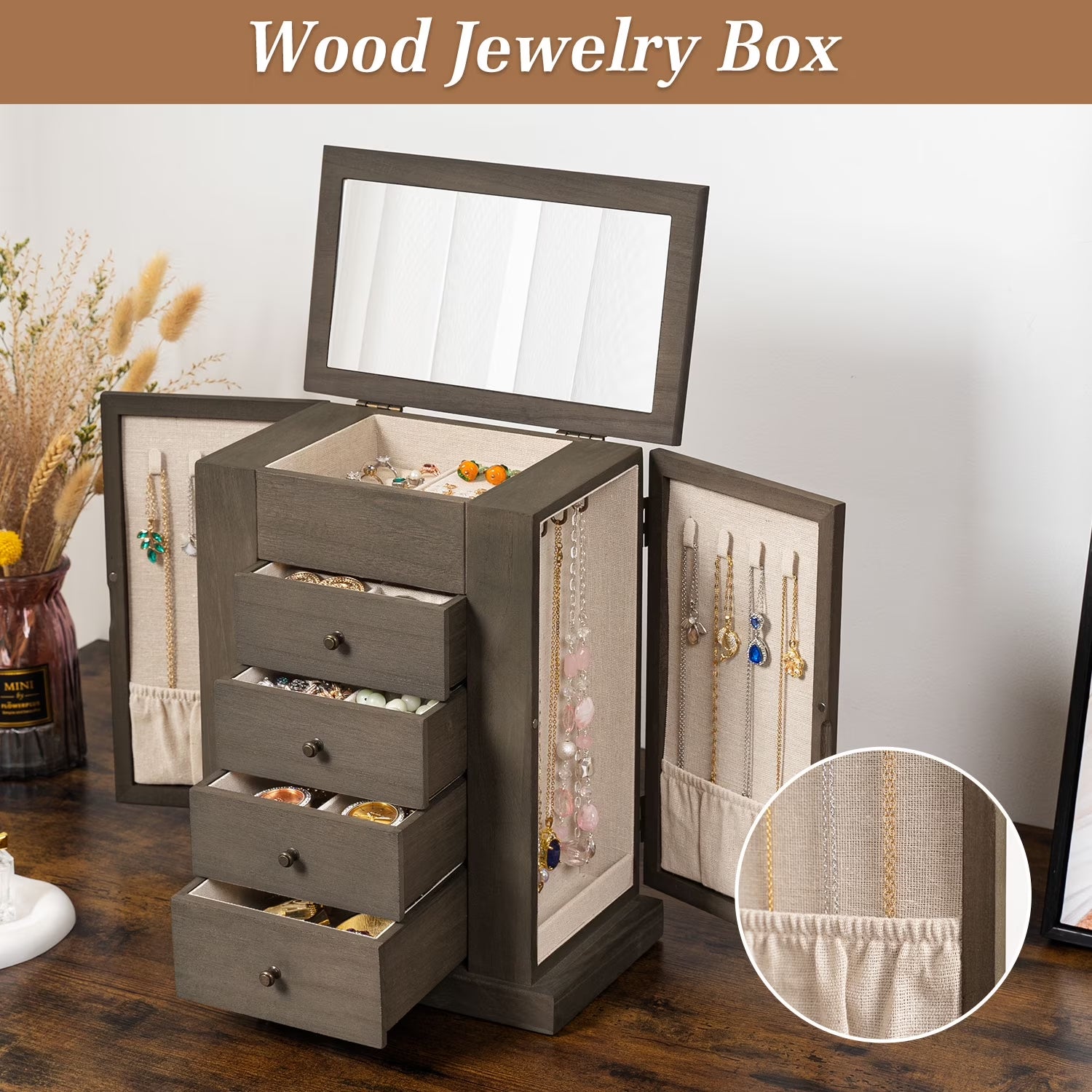 Jewelry Box for Women, 5 Layer Large Wood Boxes & Organizers for Necklaces Earrings Rings Bracelets, Rustic Organizer with Drawers and Mirror