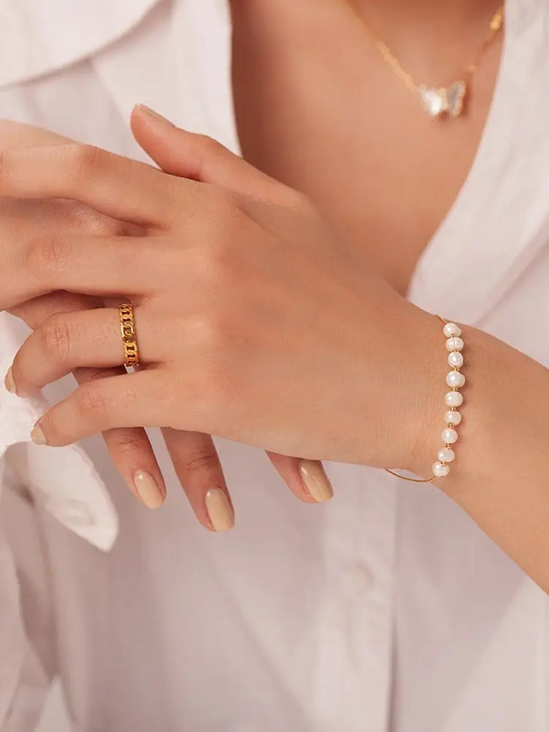 Uworld Elegant Natural Pearl 18K PVD Gold Plated Chain Bracelet 361L Stainless Steel Waterproof Jewelry Women Gift Bijoux Femme