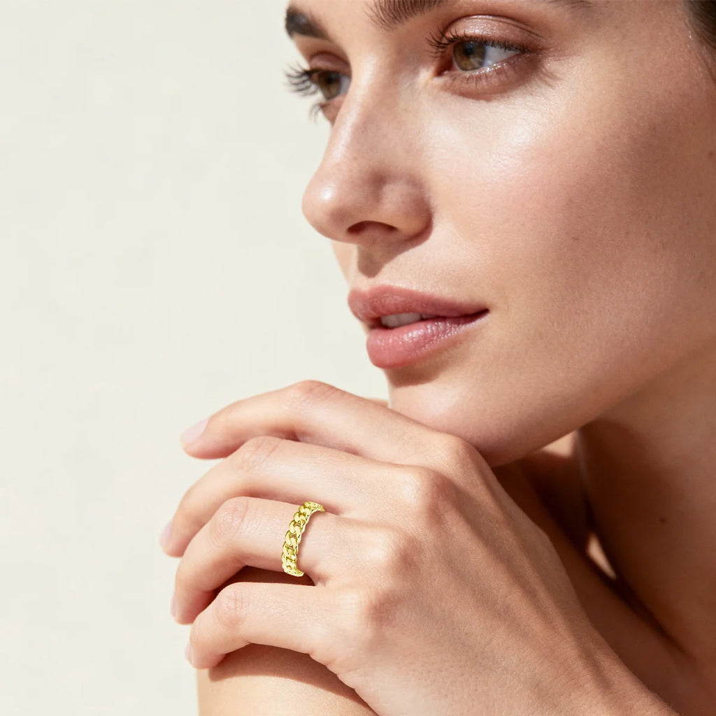 14K Gold Filled Chunky Chain Ring Retro Woven Link Statement Ring for Women Men Unisex Hypoallergenic Fashion Wedding Jewelry