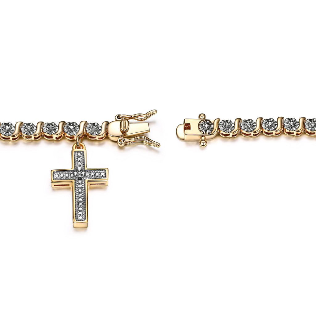 18K Yellow Gold Plated Diamond Accent Cross Charm Tennis Bracelet, 7.25"