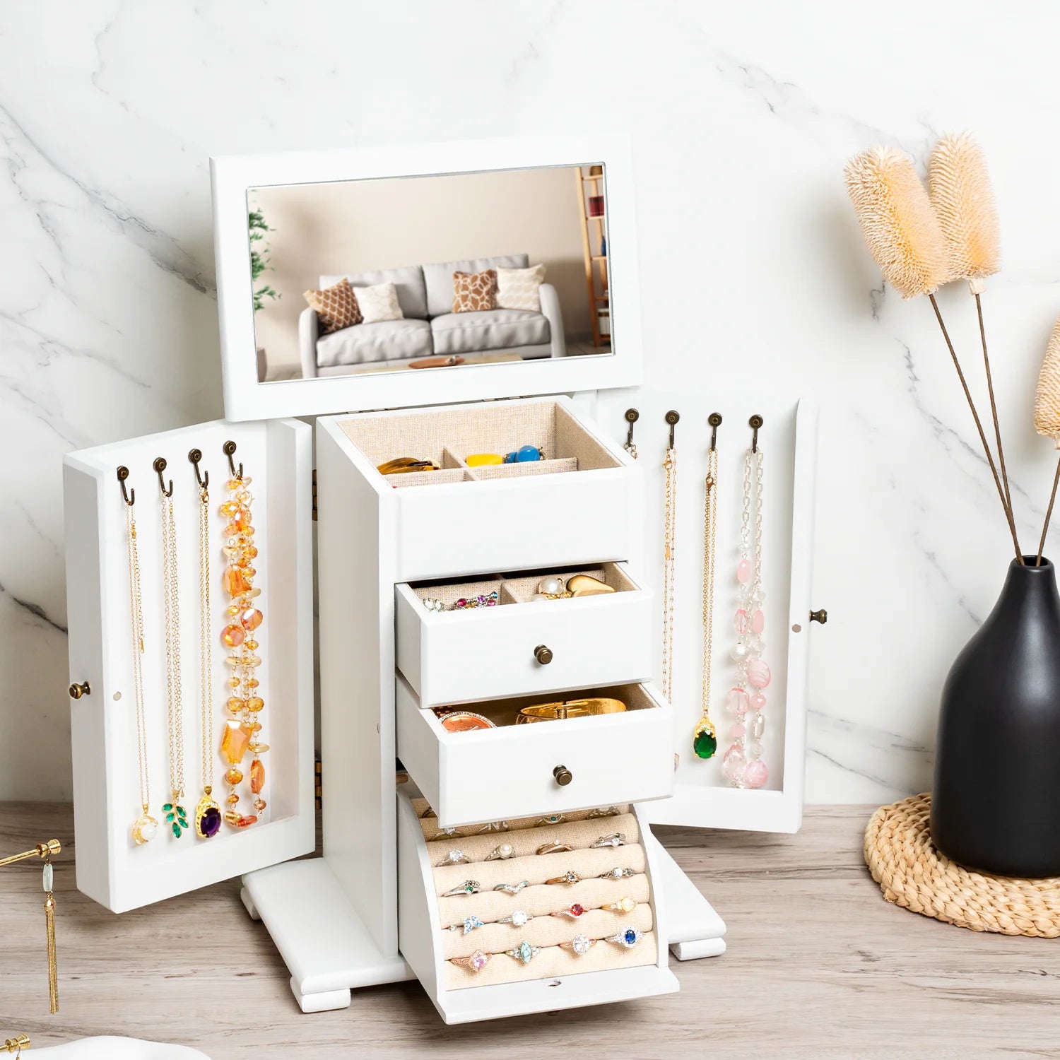 Jewelry Box, 4 Layer Wooden Jewelry Boxes for Women, Jewelry Organizer Box Display for Rings Earrings Necklaces Bracelets,Weathered White