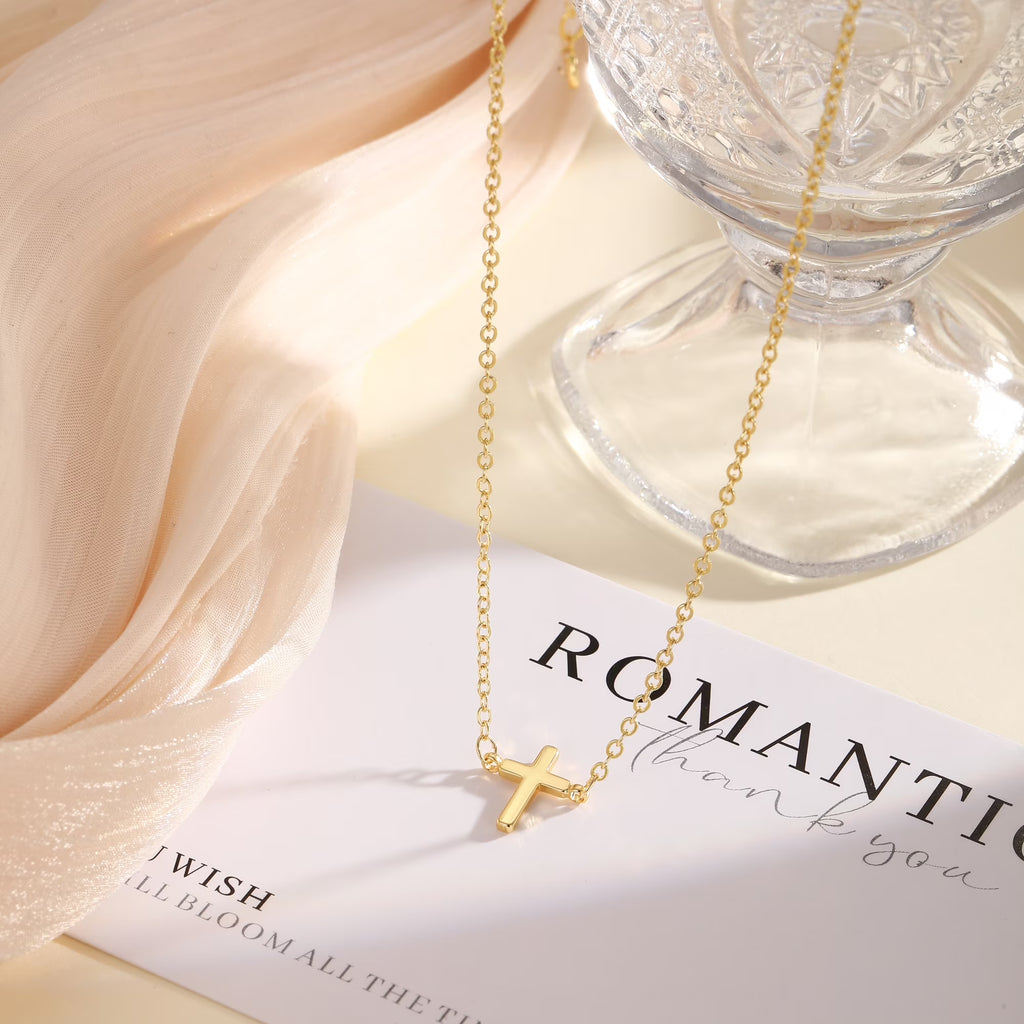 Cross Necklace for Women ,14K Gold Plated Sideways Set Dainty Simple Cross Choker Trendy Cute Pendant Chain Faith Jewelry Gift
