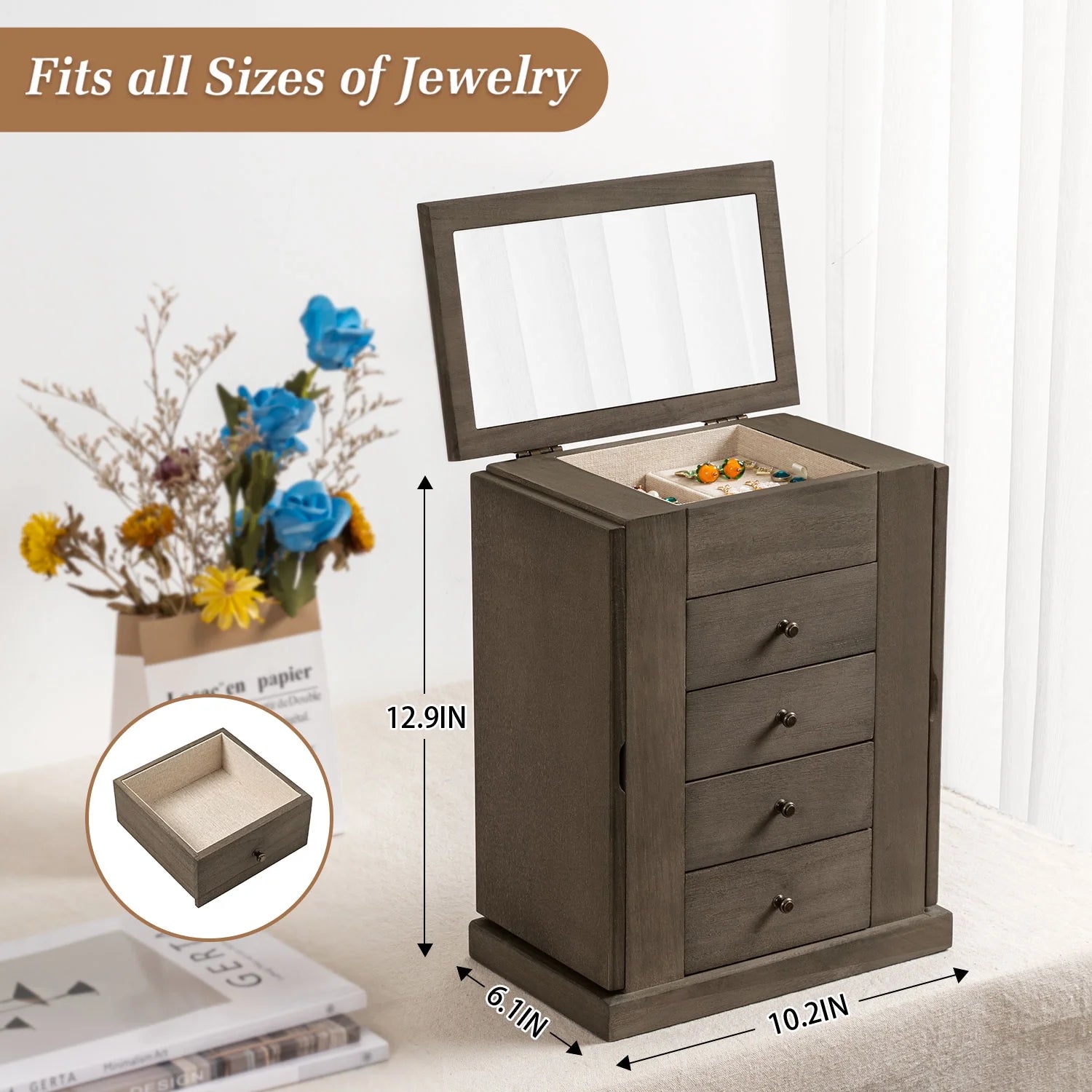 Jewelry Box for Women, 5 Layer Large Wood Boxes & Organizers for Necklaces Earrings Rings Bracelets, Rustic Organizer with Drawers and Mirror