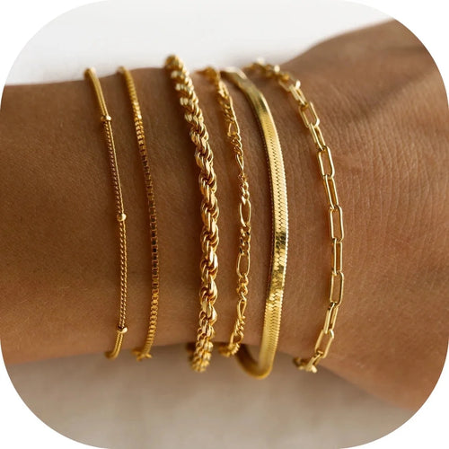6PCS Bracelets for Women 14K Gold Plated Trendy Dainty Layered Stacking Jewelry Set Gifts
