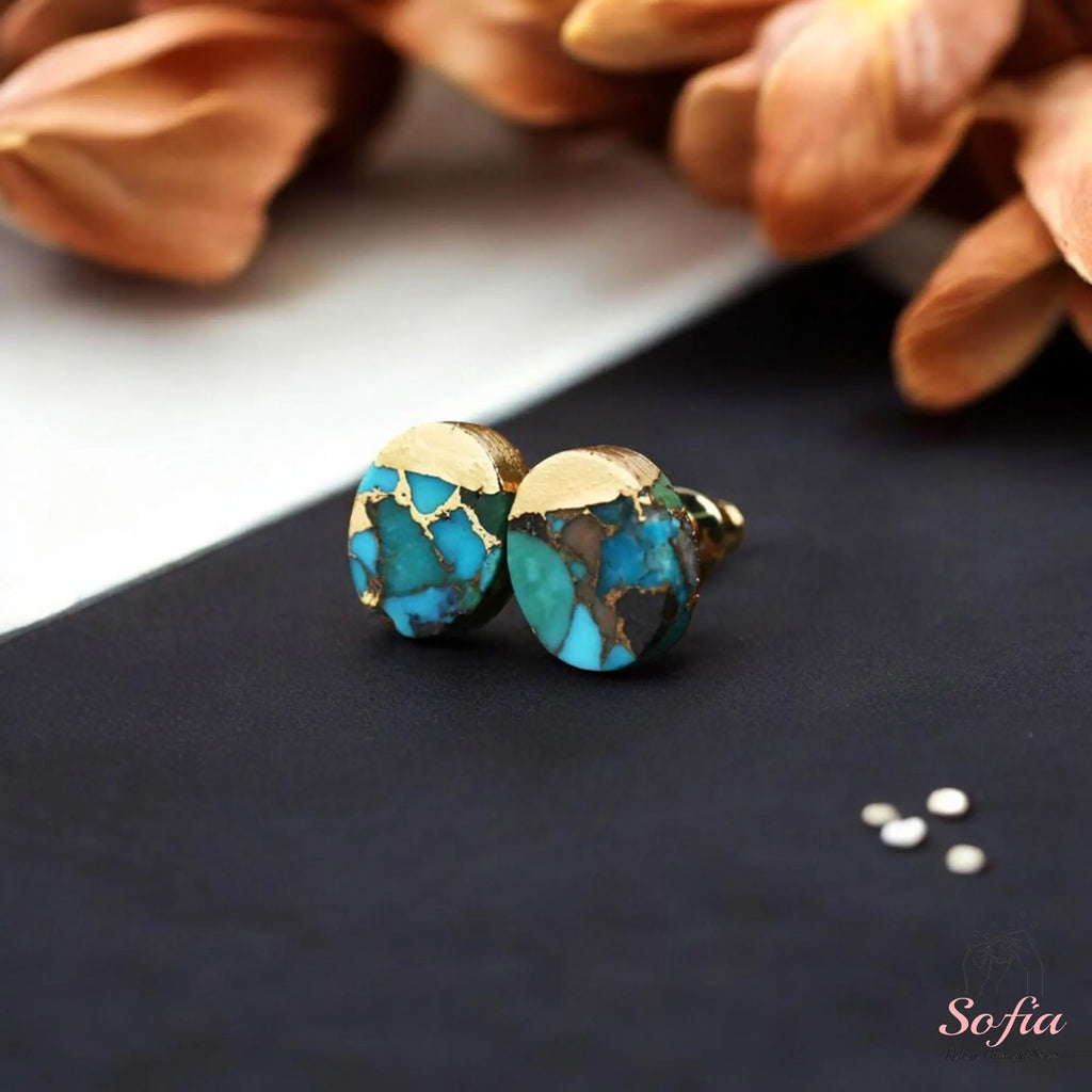 Turquoise Stone Stud Earrings - Natural Turquoise Gemstone Gold Earrings - Birthstone Post Earrings - Raw Turquoise Oval Stud Earrings