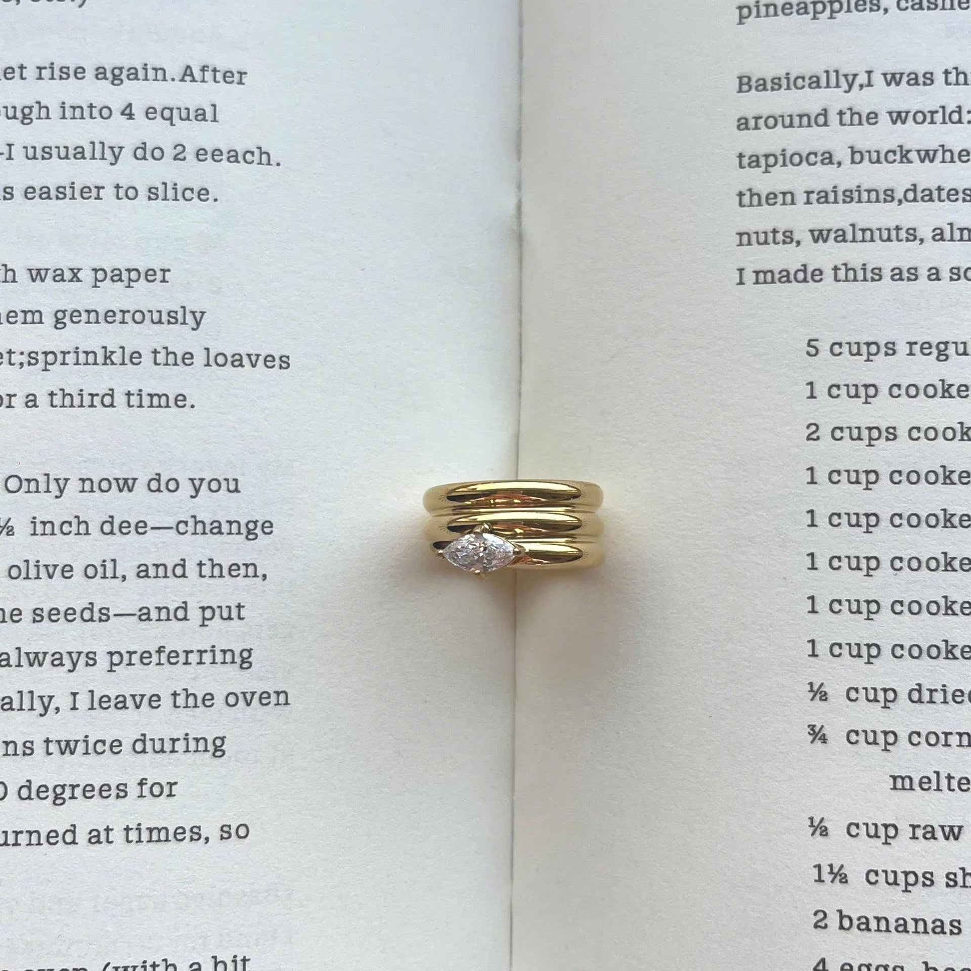 18K Gold Plated Marquise Stone Ring: Waterproof Stacking Jewelry (Sizes 6-8)