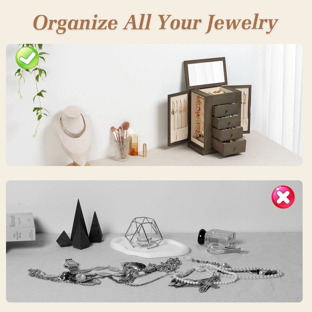 Jewelry Box for Women, 5 Layer Large Wood Boxes & Organizers for Necklaces Earrings Rings Bracelets, Rustic Organizer with Drawers and Mirror